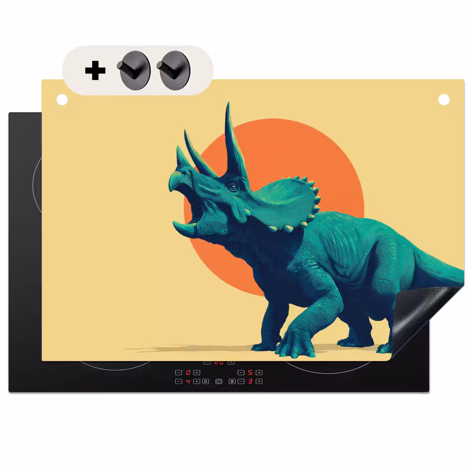 2-in-1 Herdabdeckplatte & Spritzschutz - Triceratops - Kreis - Orange - Hörner - Triceratops - Cirkel - Oranje - Hoorns Inductie beschemer met haakjes klein