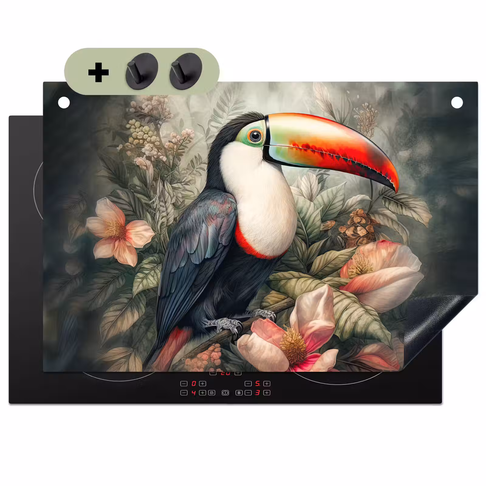 2-in-1 Herdabdeckplatte & Spritzschutz - Tukan - Vögel - Blumen - Pflanzen - Tropisch - Toekan - Vogels - Bloemen - Planten - Tropisch Inductie beschemer met haakjes klein