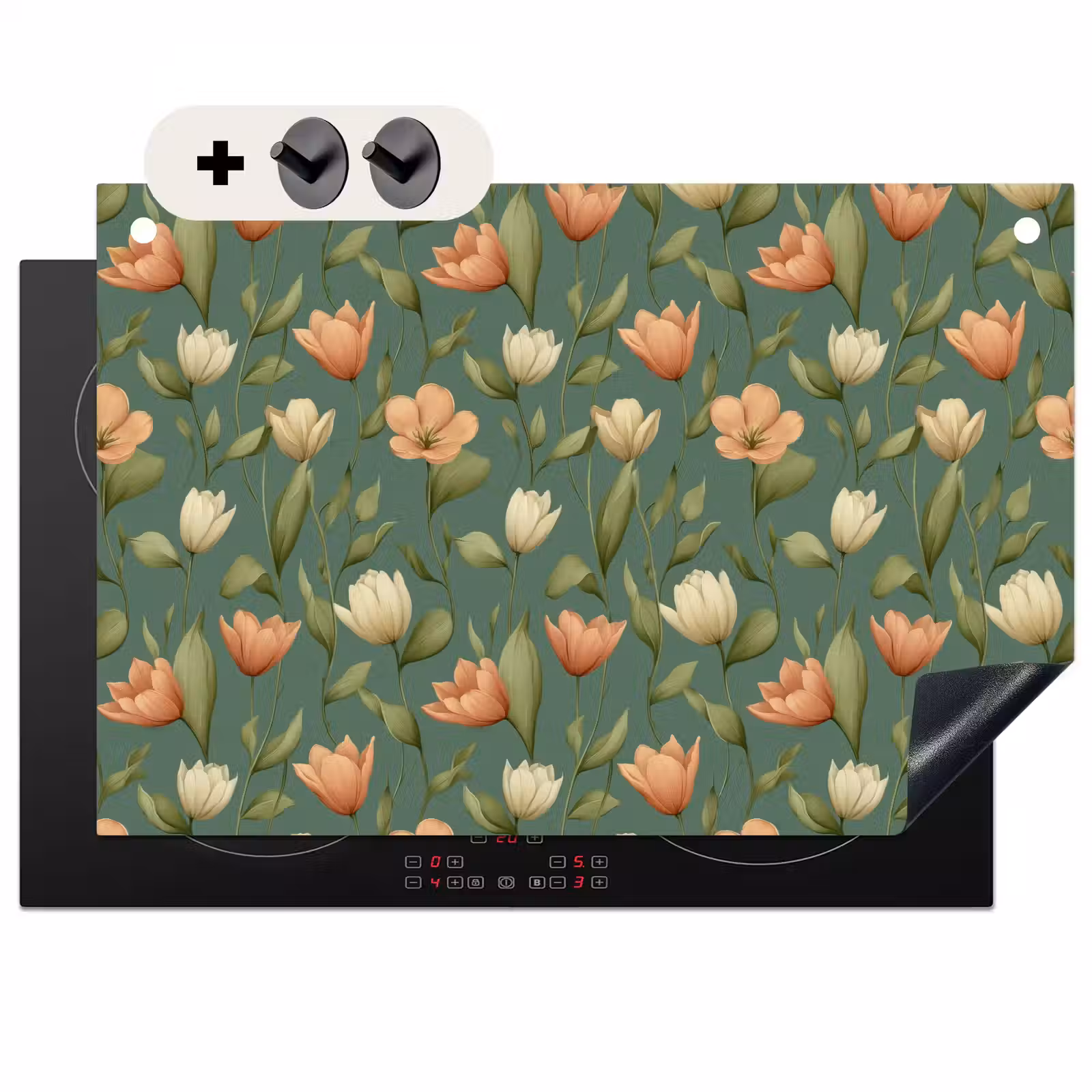 2-in-1 Herdabdeckplatte & Spritzschutz - Tulpen - Botanisch - Grün - Tulpen - Botanisch - Groen Inductie beschemer met haakjes klein 777