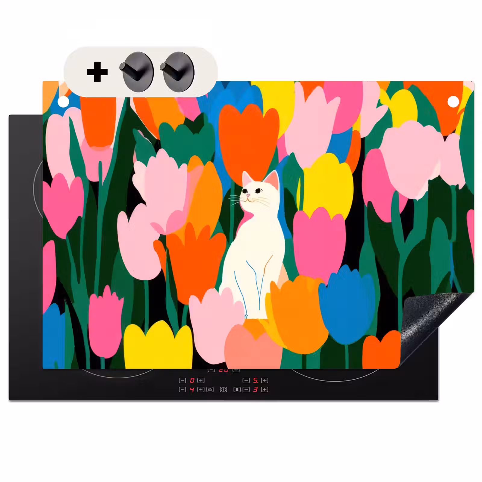 2-in-1 Herdabdeckplatte & Spritzschutz - Tulpen - Katze - Farbenfroh - Tulpen - Kat - Kleurrijk Inductie beschemer met haakjes klein