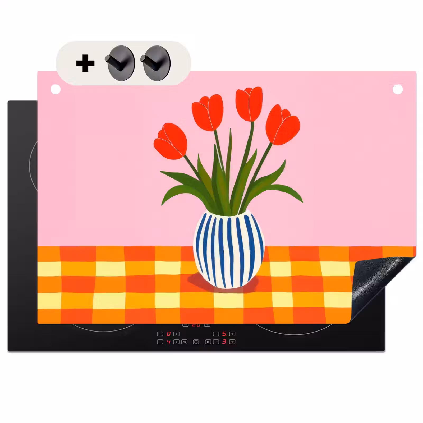 2-in-1 Herdabdeckplatte & Spritzschutz - Tulpen - Rosa - Vase - Tulpen - Roze - Vaas Inductie beschemer met haakjes klein