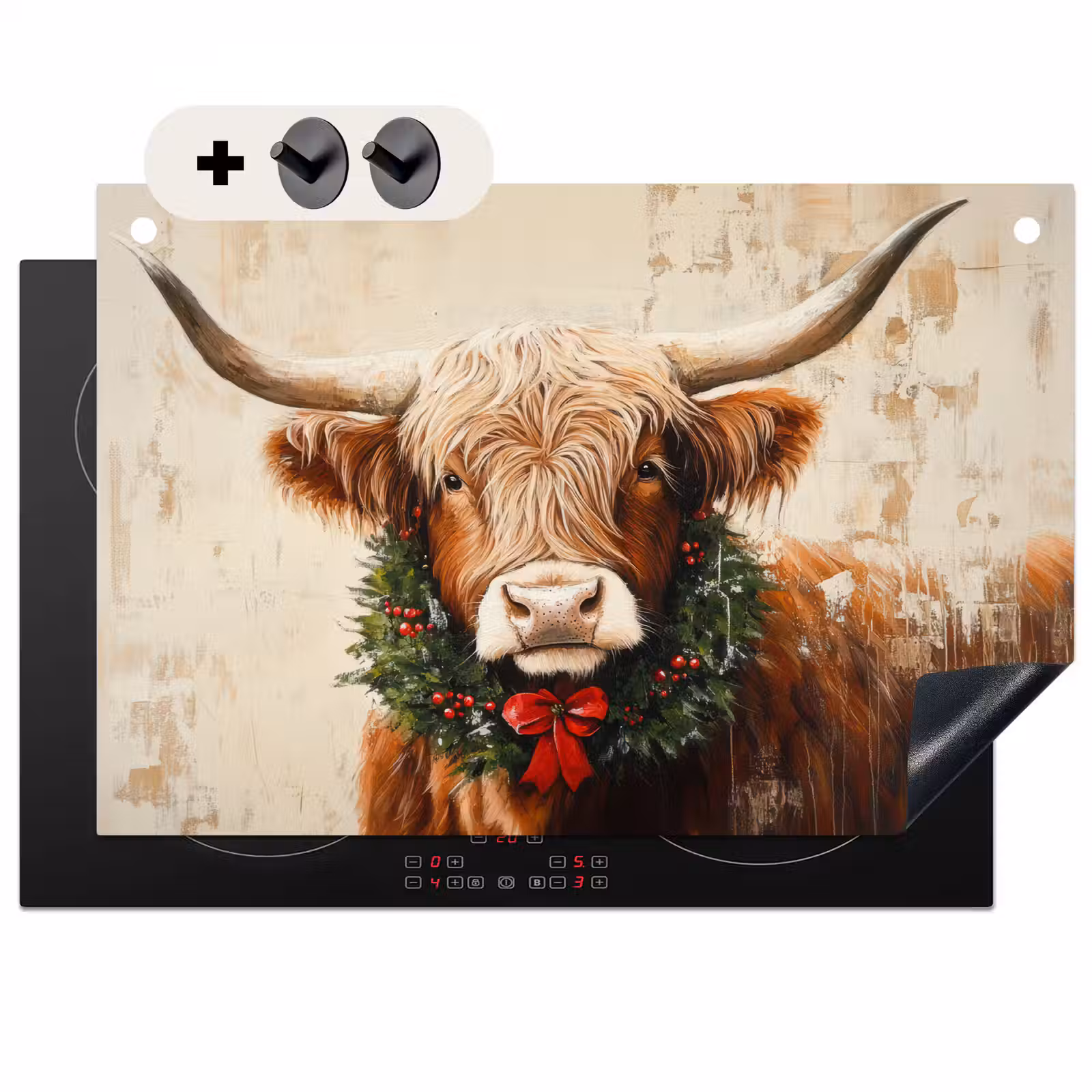 2-in-1 Herdabdeckplatte & Spritzschutz - Weihnachten - Schottischer Highlander - Braun - Kranz - Kerst - Schotse Hooglander - Bruin - Krans Inductie beschemer met haakjes klein