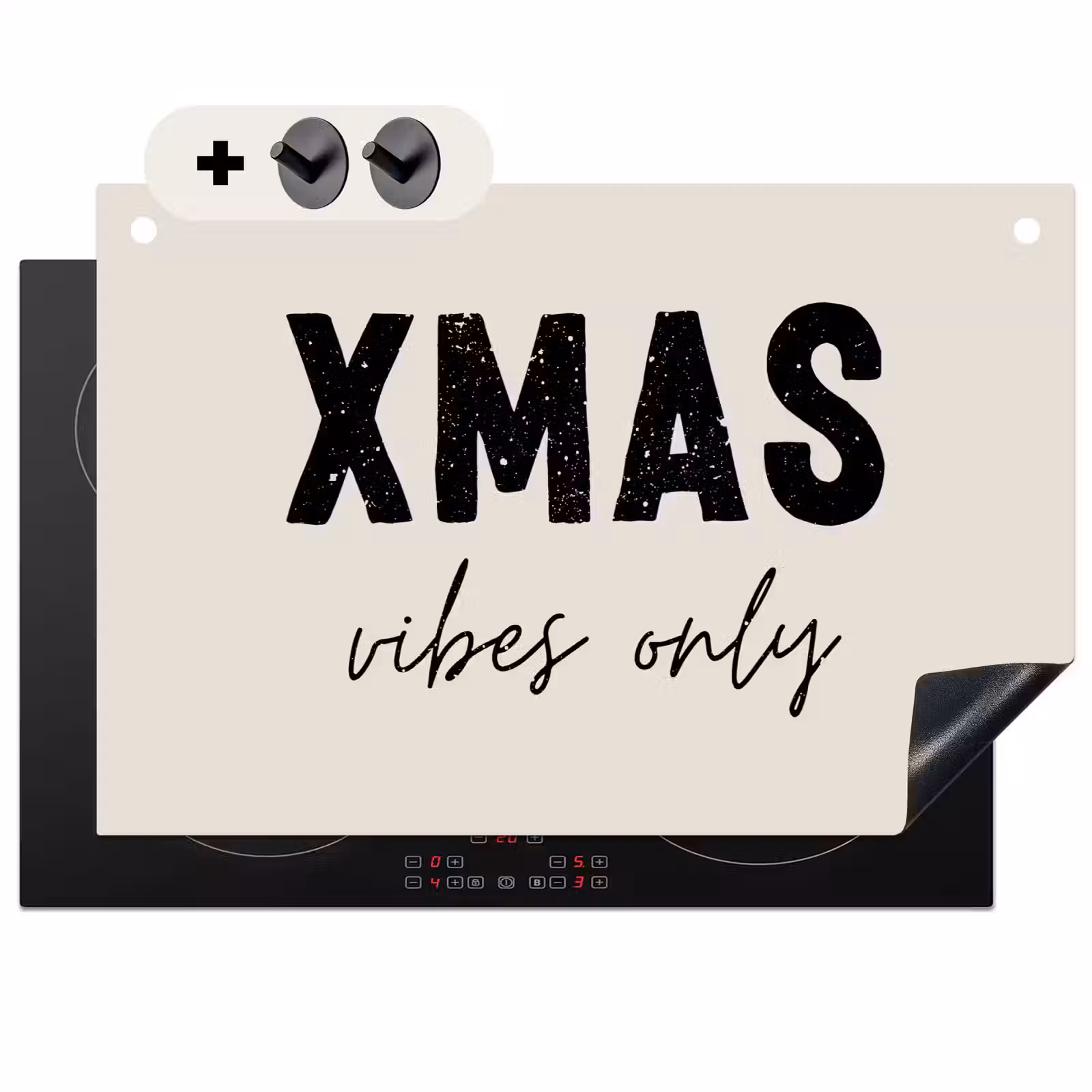 2-in-1 Herdabdeckplatte & Spritzschutz - Weihnachten - Sprichwort - xmas vibes only - Beige - Kerst - Spreuk - xmas vibes only - Beige Inductie beschemer met haakjes klein