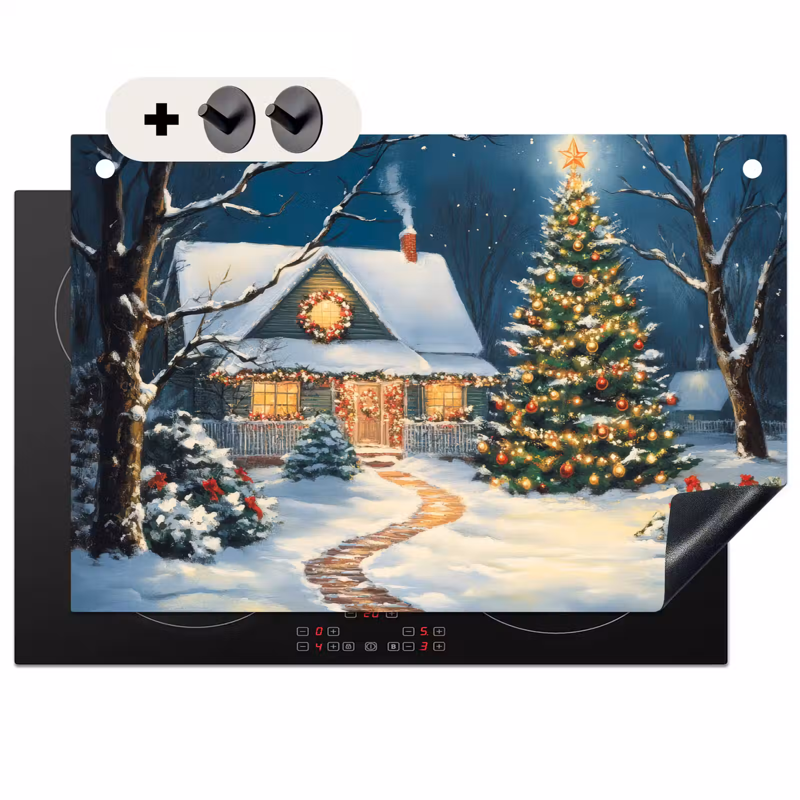 2-in-1 Herdabdeckplatte & Spritzschutz - Weihnachten - Weihnachtsbaum - Winter - Zuhause - Schnee - Kerst - Kerstboom - Winter - Huis - Sneeuw Inductie beschemer met haakjes klein