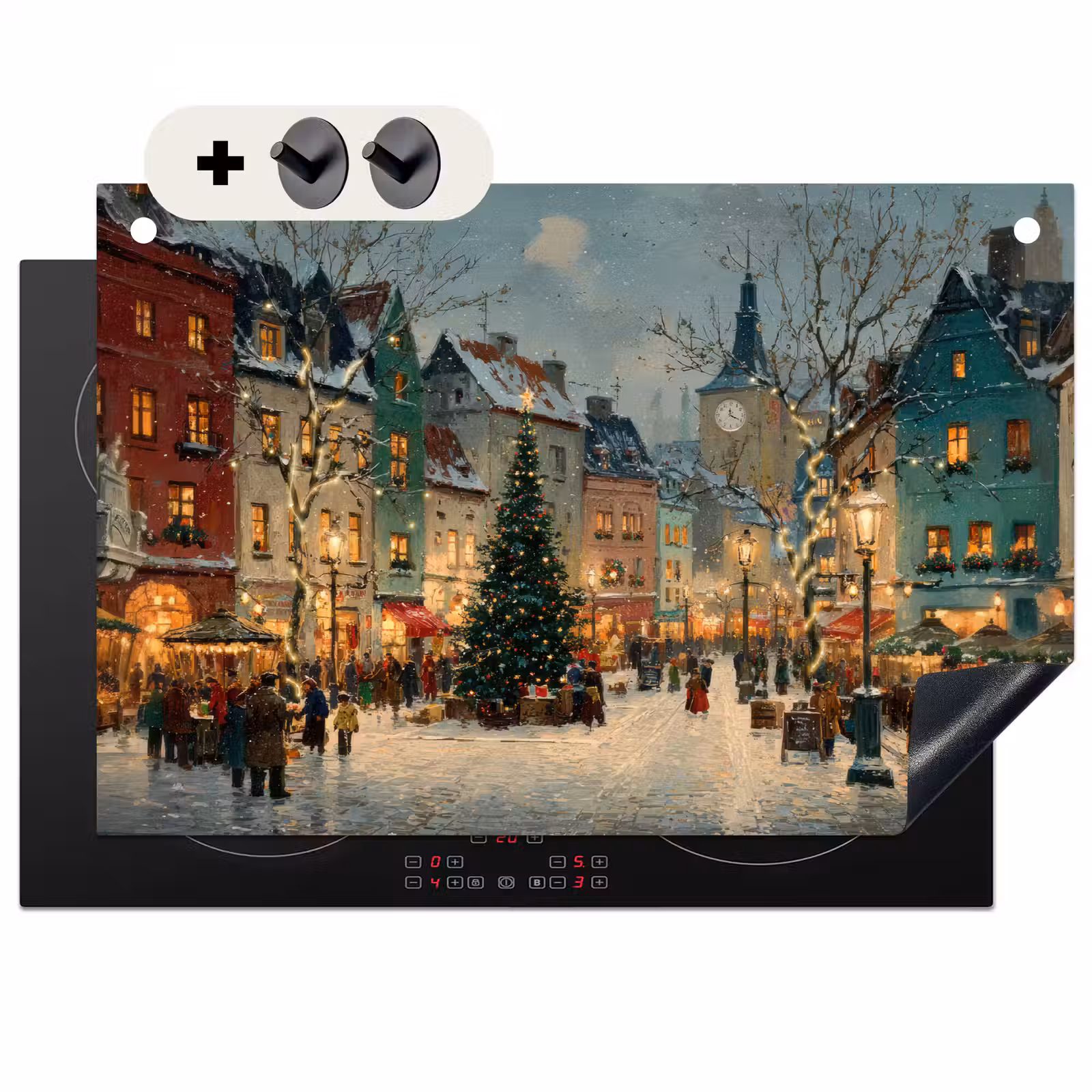 2-in-1 Herdabdeckplatte & Spritzschutz - Weihnachtliche Atmosphäre - City Square - Farbenfroh - Kerstsfeer - Stadsplein - Kleurrijk Inductie beschemer met haakjes klein