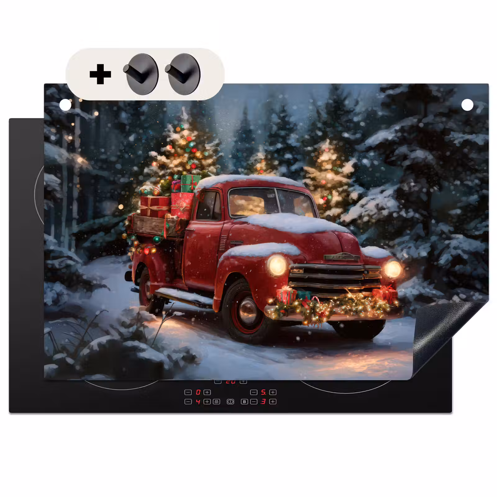 2-in-1 Herdabdeckplatte & Spritzschutz - Weihnachts-LKW - Schneewald - Rot - Kersttruck - Sneeuwbos - Rood Inductie beschemer met haakjes klein