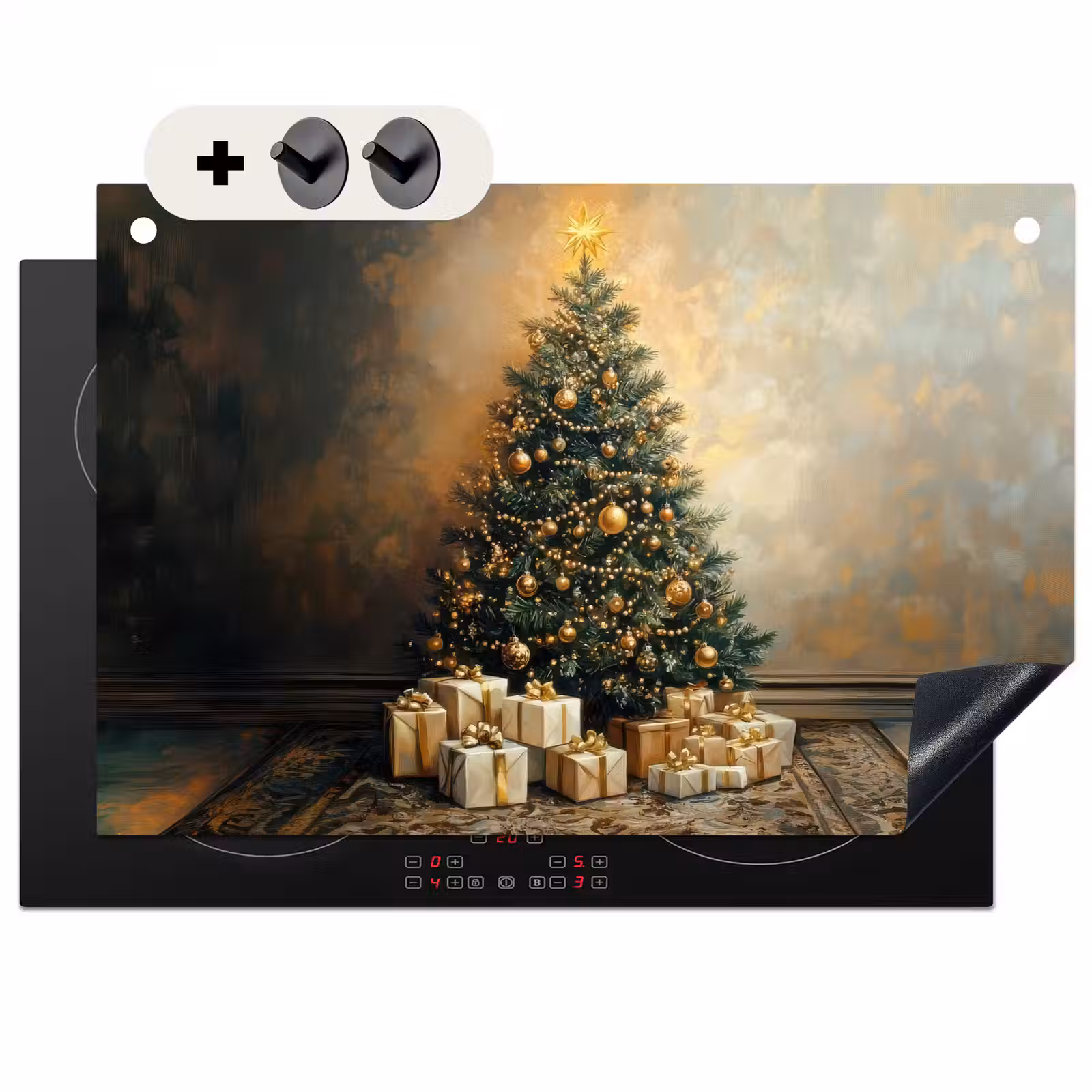 2-in-1 Herdabdeckplatte & Spritzschutz - Weihnachtsbaum - Geschenke - Gold - Kerstboom - Cadeaus - Goud Inductie beschemer met haakjes klein