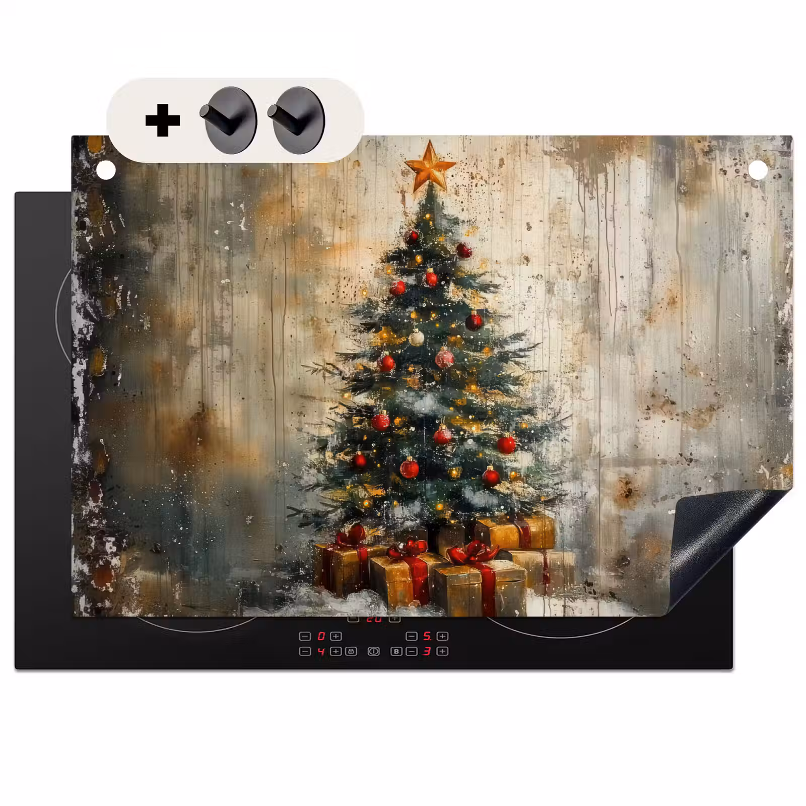 2-in-1 Herdabdeckplatte & Spritzschutz - Weihnachtsbaum - Vintage - Weihnachten - Geschenk - Kerstboom - Vintage - Kerst - Cadeau Inductie beschemer met haakjes klein