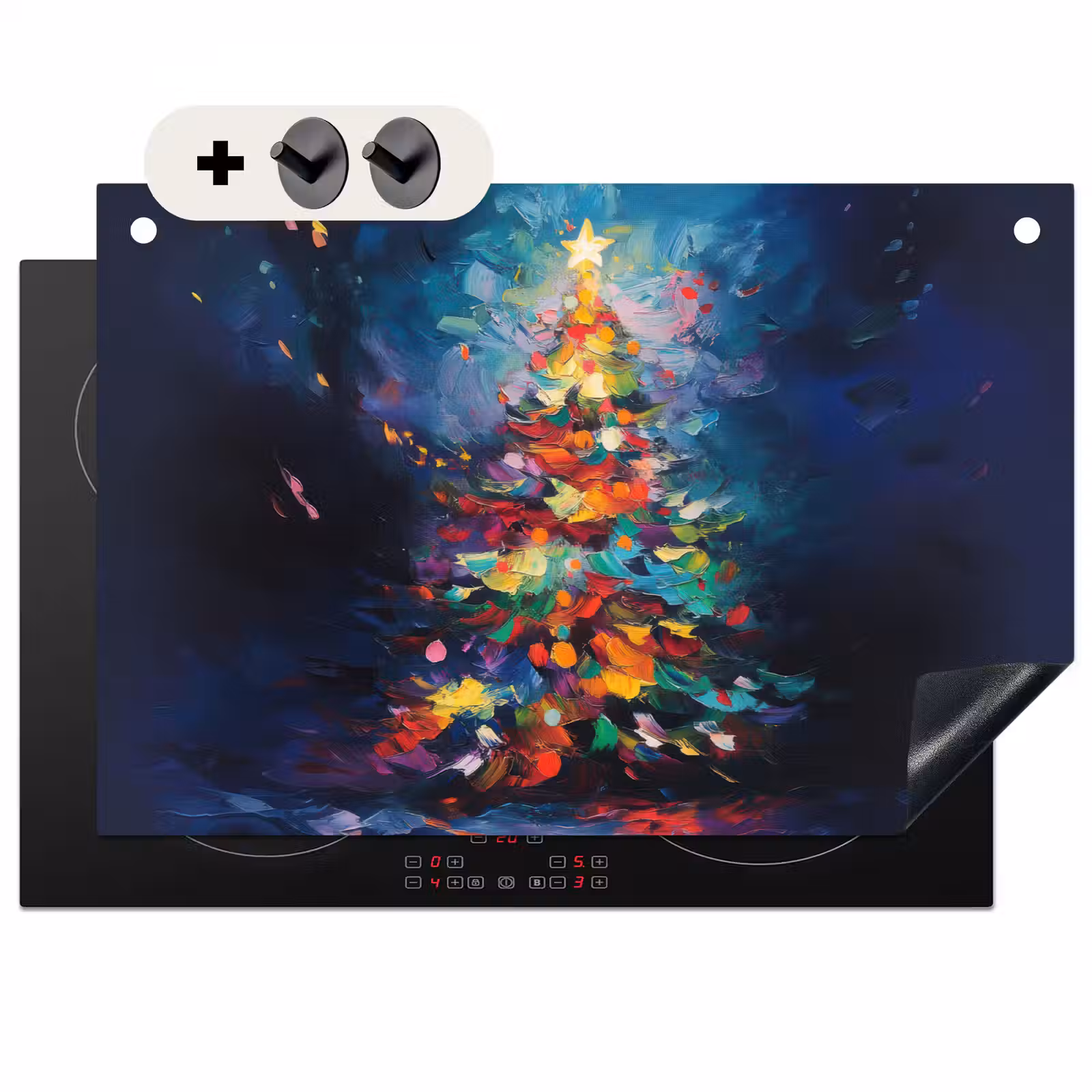 2-in-1 Herdabdeckplatte & Spritzschutz - Weihnachtsbaum - Weihnachten - Abstrakt - Farbenfroh - Kerstboom - Kerst - Abstract - Kleurrijk Inductie beschemer met haakjes klein