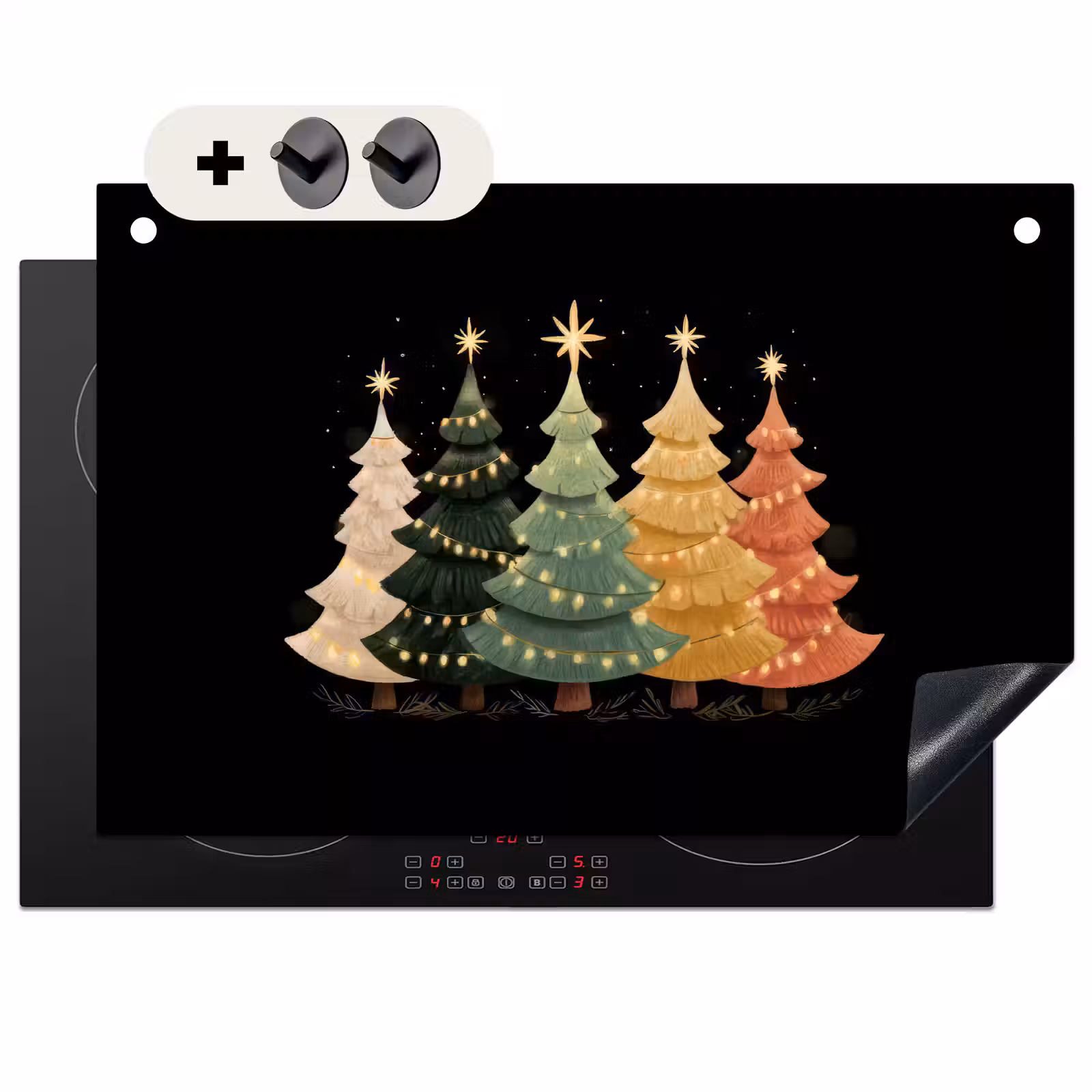 2-in-1 Herdabdeckplatte & Spritzschutz - Weihnachtsbäume - Bunt - Lichter - Stern - Kerstbomen - Kleurrijk - Lichtjes - Ster Inductie beschemer met haakjes klein