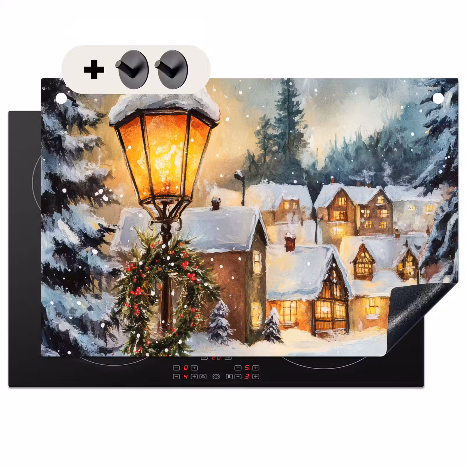 2-in-1 Herdabdeckplatte & Spritzschutz - Weihnachtsdorf - Häuser - Schnee - Weihnachten - Kerstdorp - Huizen - Sneeuw - Kerst Inductie beschemer met haakjes klein
