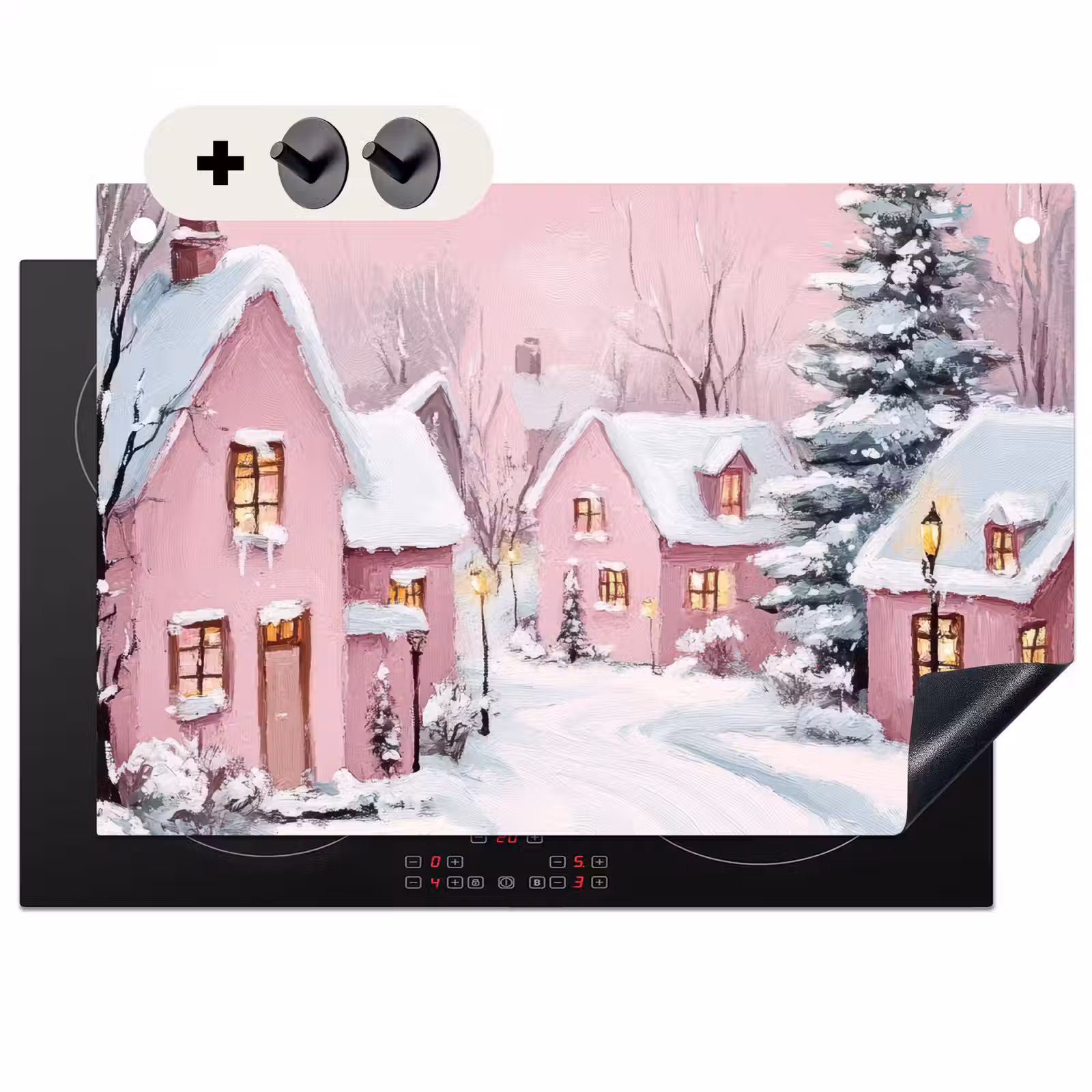 2-in-1 Herdabdeckplatte & Spritzschutz - Weihnachtsdorf - Rosa - Winter - Schnee - Häuser — 1