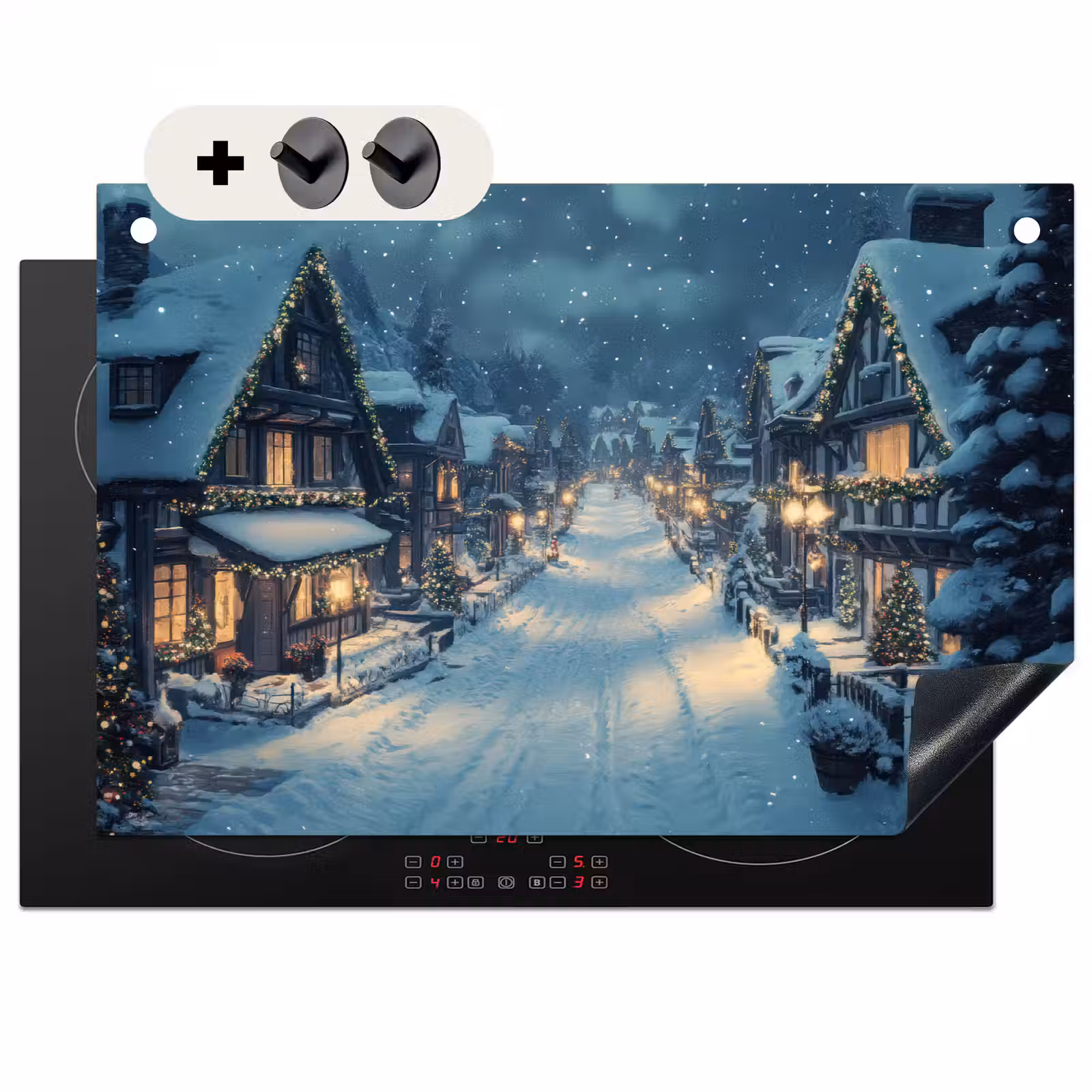 2-in-1 Herdabdeckplatte & Spritzschutz - Weihnachtsdorf - Weihnachten - Schnee - Winter - Kerstdorp - Kerst - Sneeuw - Winter Inductie beschemer met haakjes klein