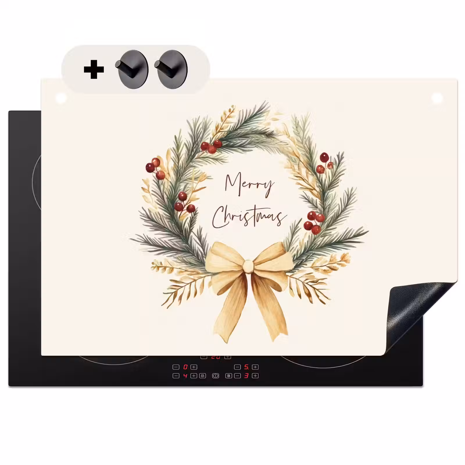 2-in-1 Herdabdeckplatte & Spritzschutz - Weihnachtskranz - Weihnachten - Gold - Beige - Kerstkrans - Kerst - Goud - Beige Inductie beschemer met haakjes klein