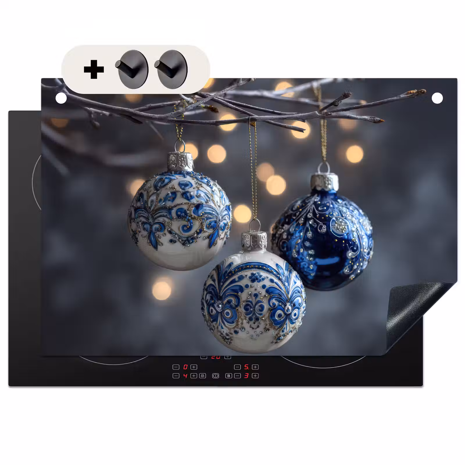 2-in-1 Herdabdeckplatte & Spritzschutz - Weihnachtskugel - Dekoriert - Blau - Kerstbal - Versierd - Blauw Inductie beschemer met haakjes klein
