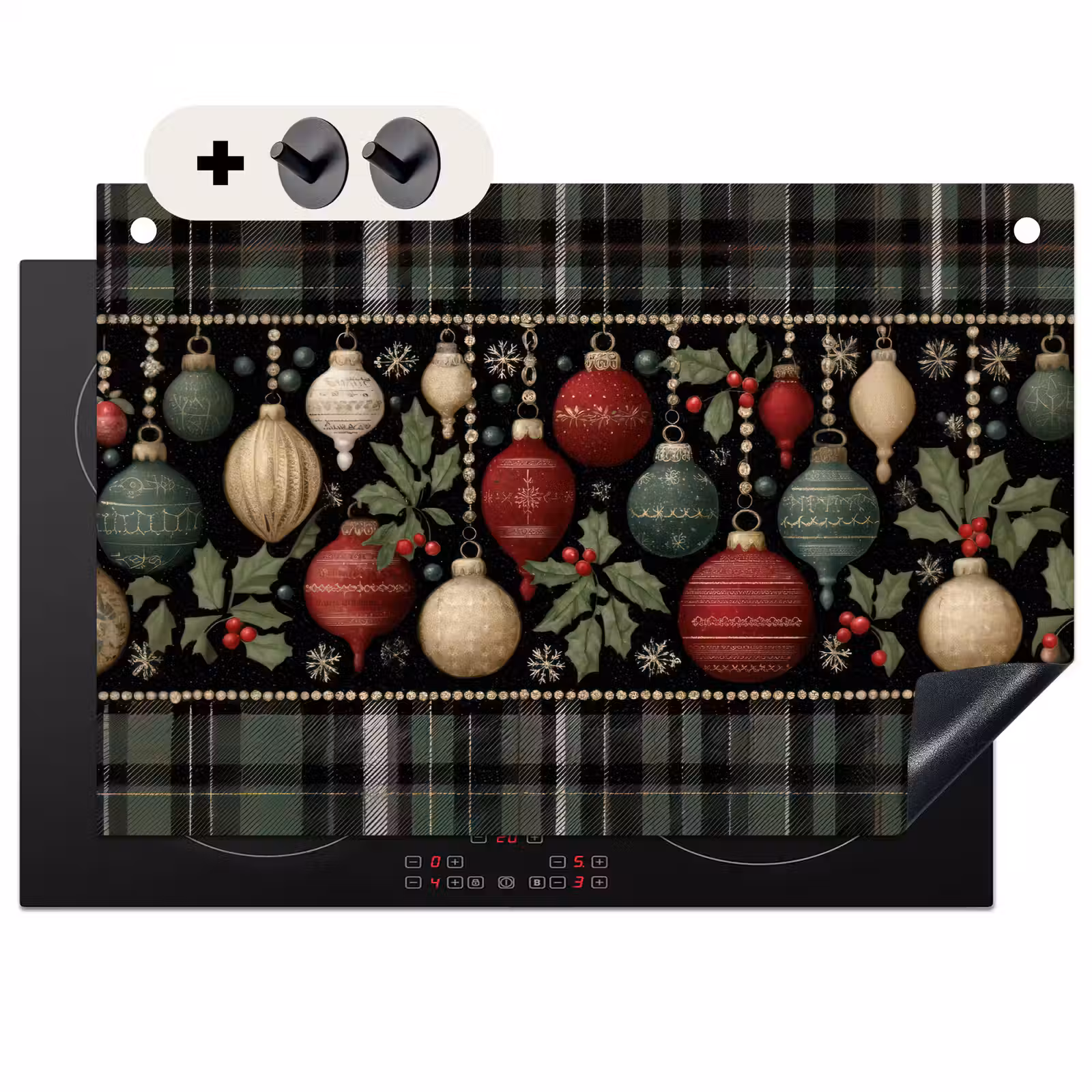 2-in-1 Herdabdeckplatte & Spritzschutz - Weihnachtskugeln - Rot - Stechpalmenzweige - Muster - Kerstballen - Rood - Hulsttakken - Patroon Inductie beschemer met haakjes klein