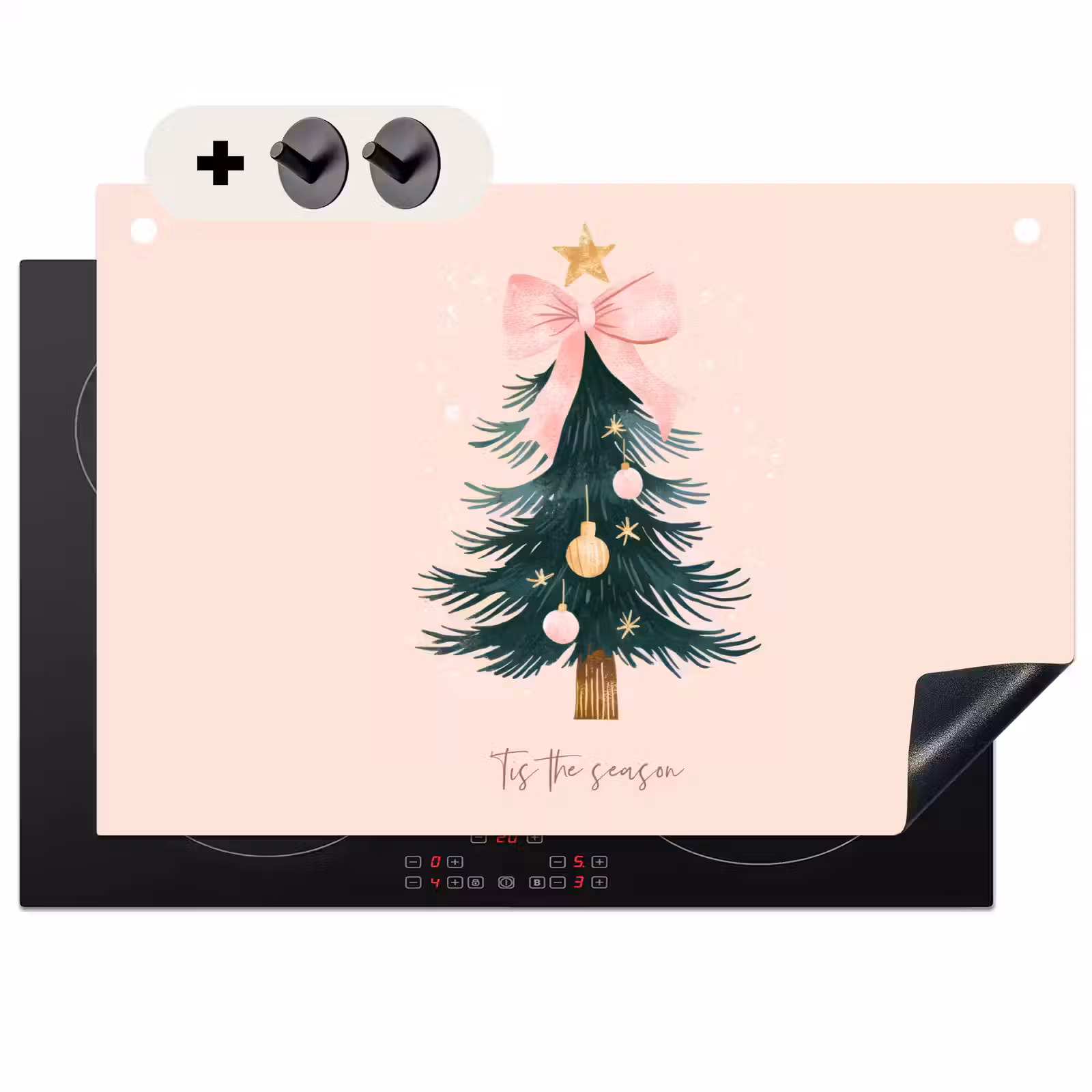 2-in-1 Herdabdeckplatte & Spritzschutz - Weihnachtszeit - Weihnachtsbaum - Rosa - Christmas Season - Kerst - Kerstboom - Roze Inductie beschemer met haakjes klein