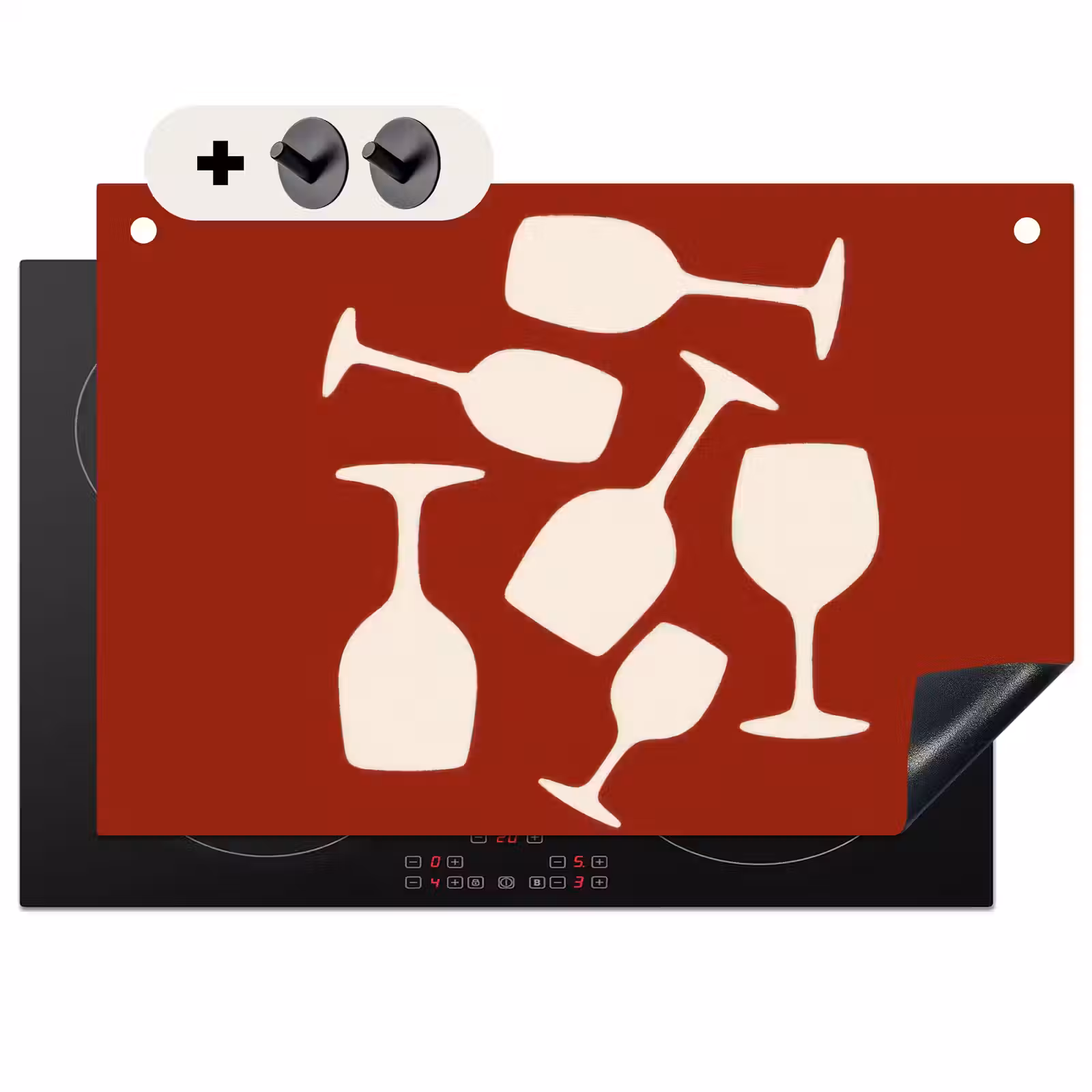2-in-1 Herdabdeckplatte & Spritzschutz - Weingläser - Scherenschnitte - Weiß - Wijnglazen - Silhouetten - Wit Inductie beschemer met haakjes klein