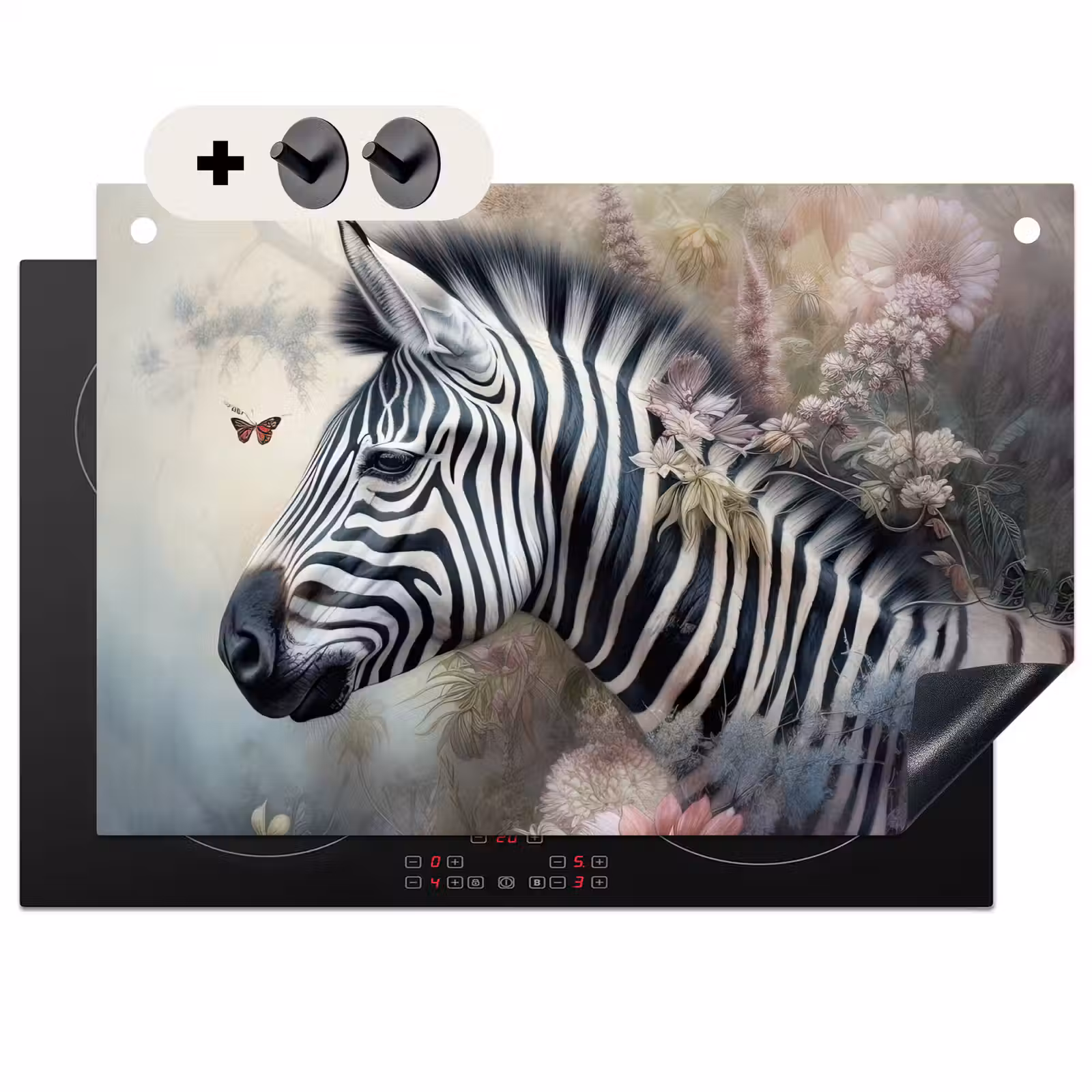 2-in-1 Herdabdeckplatte & Spritzschutz - Zebra - Wilde Tiere - Schmetterling - Blumen — 1