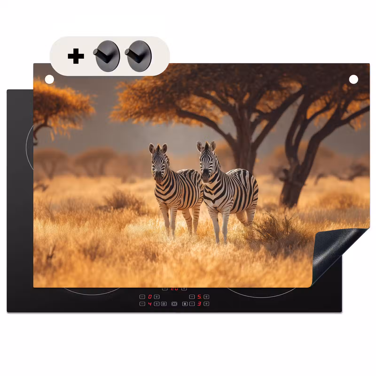 2-in-1 Herdabdeckplatte & Spritzschutz - Zebras - Savannenlandschaft - Gras - Zebra's - Savannelandschap - Gras Inductie beschemer met haakjes klein