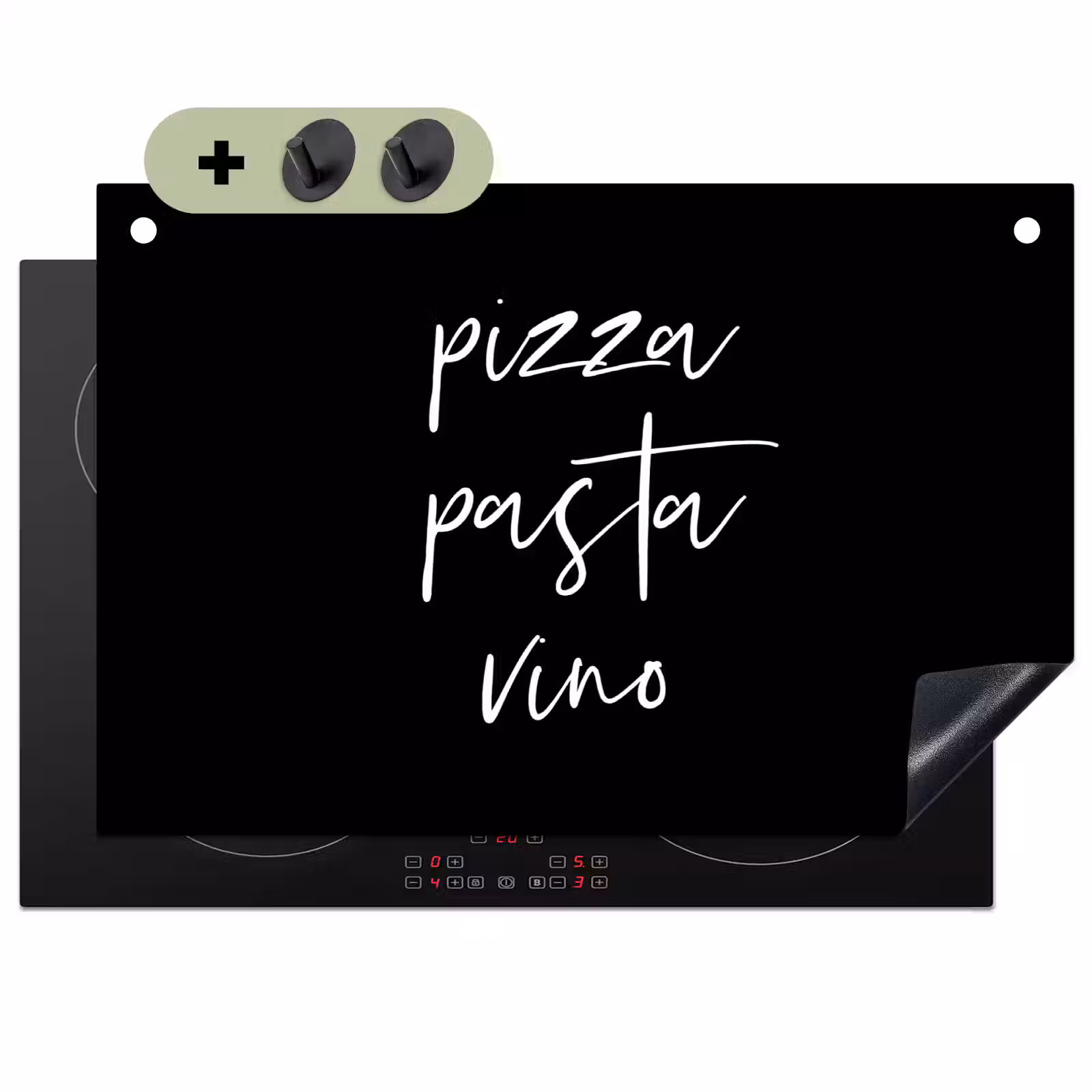 2-in-1 Herdabdeckplatte & Spritzschutz - Zitat - Pizza pasta vino - Schwarz - Quote - Pizza pasta vino - Zwart Inductie beschemer met haakjes klein
