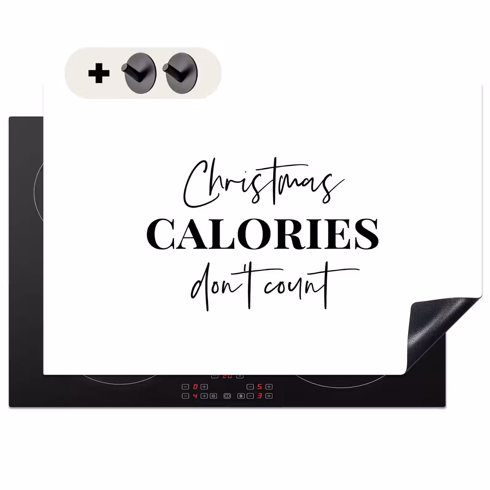 2-in-1 Herdabdeckplatte & Spritzschutz - Zitat Weihnachten - Winter - Weihnachtskalorien - Weiß - Kerst quote - Winter - Christmas calories - Wit Inductie beschemer met haakjes klein