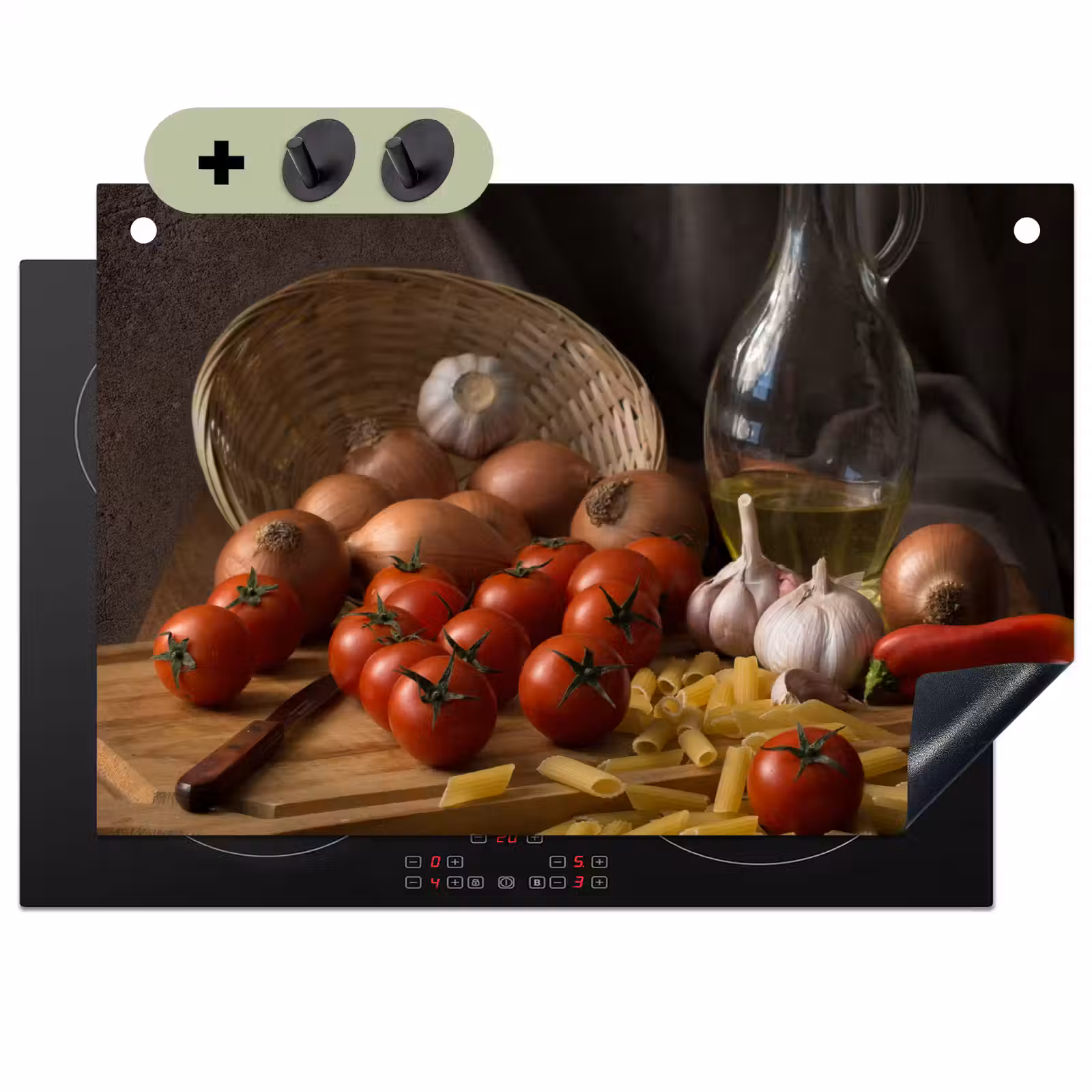2-in-1 Herdabdeckplatte & Spritzschutz - Zutaten der mediterranen Küche - Ingrediënten van de Mediterrane Keuken Inductie beschemer met haakjes klein