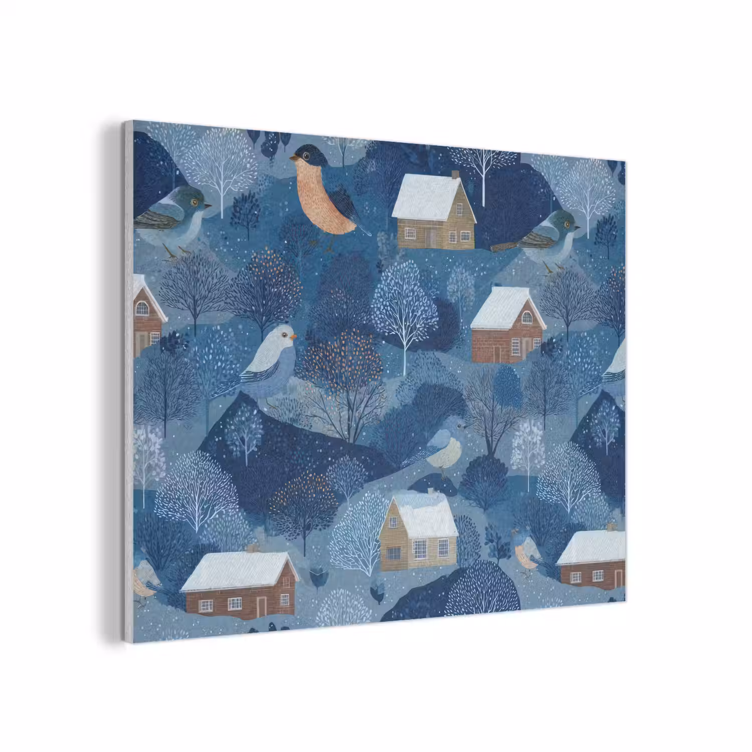 Huisjes - Vogels - Sneeuw - Winter - Blauw PET vilt klein 837 -3d