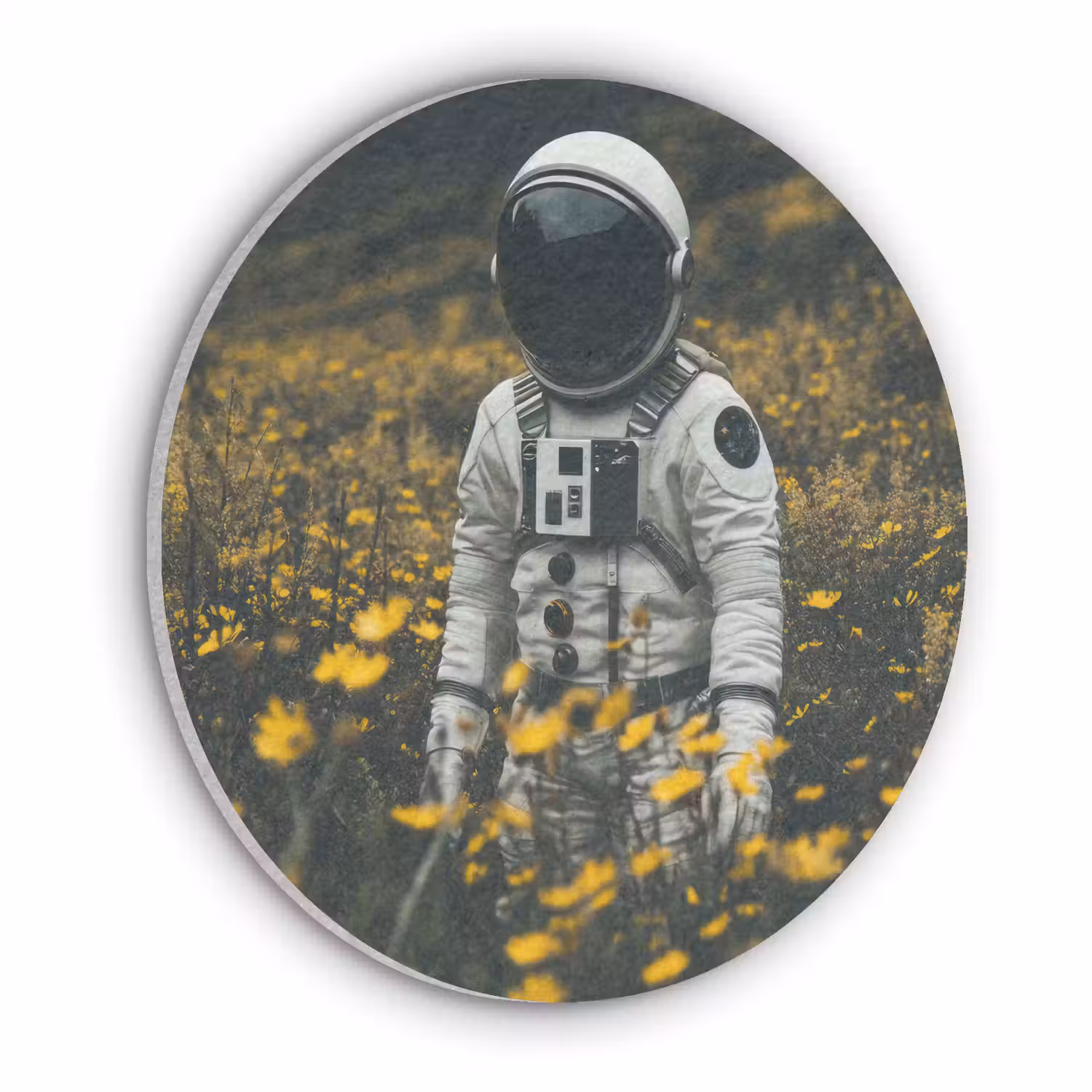 Astronaut - Bloemen - Veld - Geel Akoestische PET Vilt - Rond klein -3d
