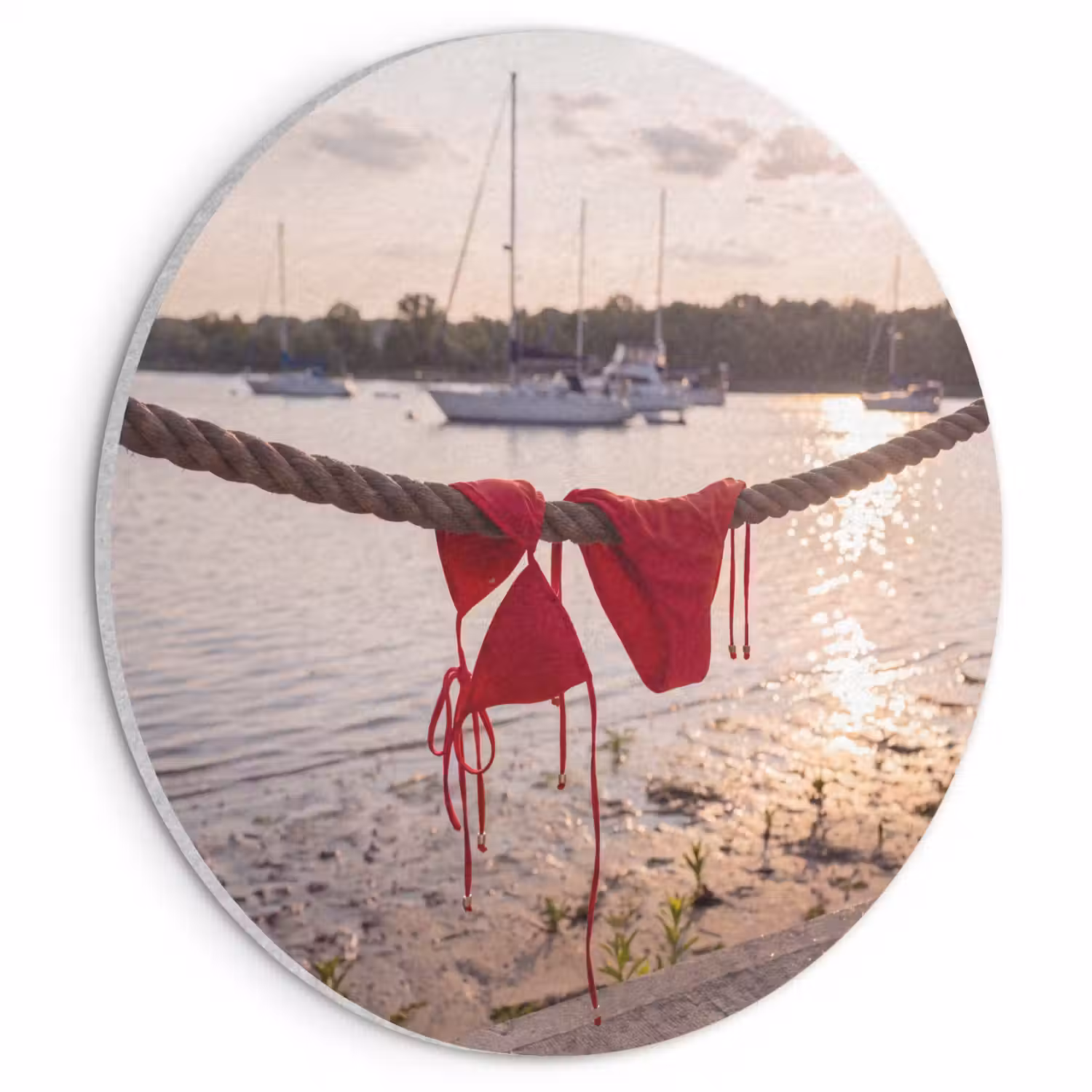Badkleding - Rood - Zomer - Water - Zonsondergang Akoestische PET Vilt - Rond klein -3d