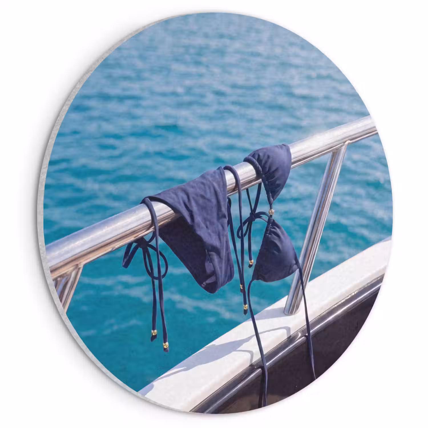 Bikini - Reling - Zee - Zomer - Blauw Akoestische PET Vilt - Rond klein -3d
