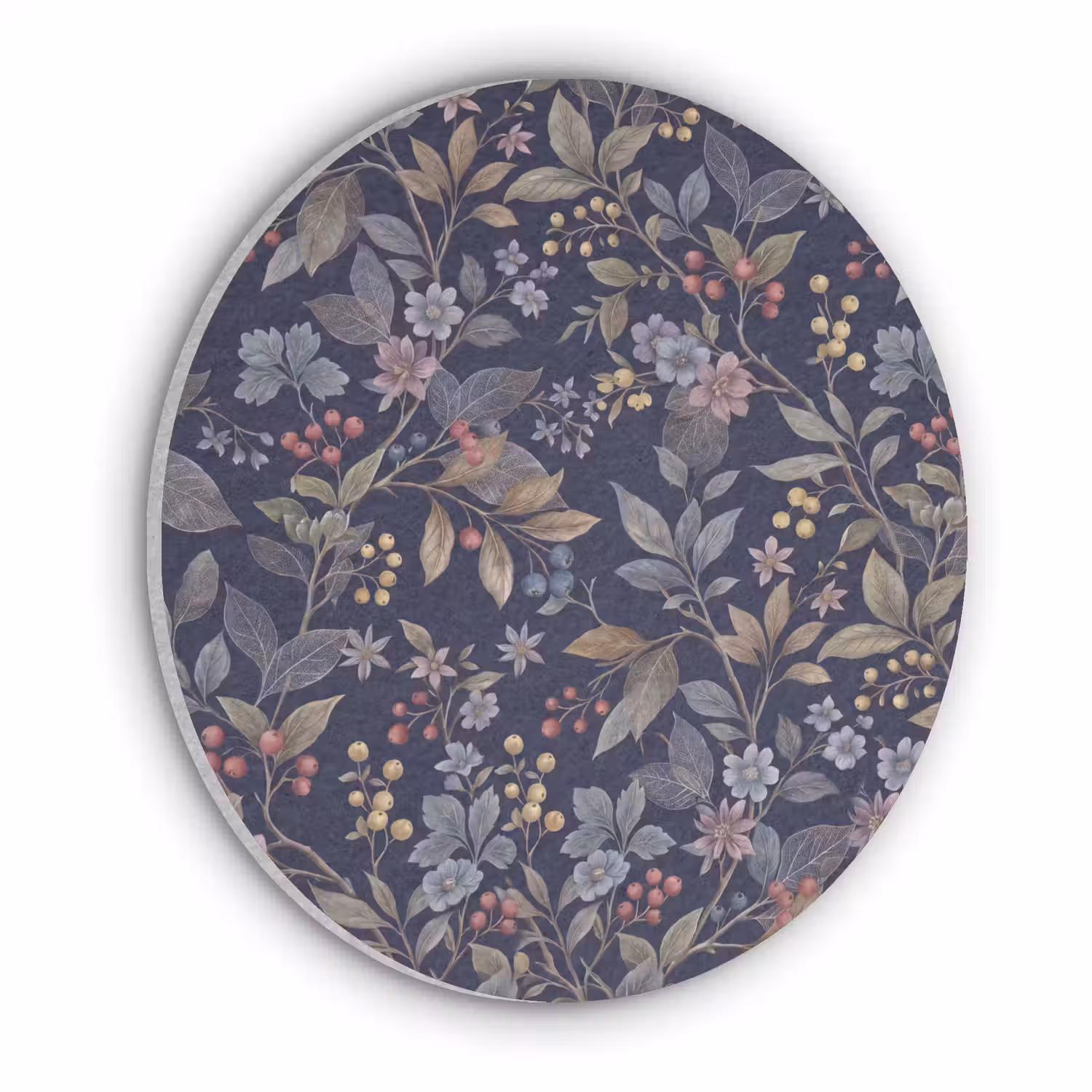 Bloemen - Bladeren - Patroon - Botanisch - Donkerblauw Akoestische PET Vilt - Rond klein -3d