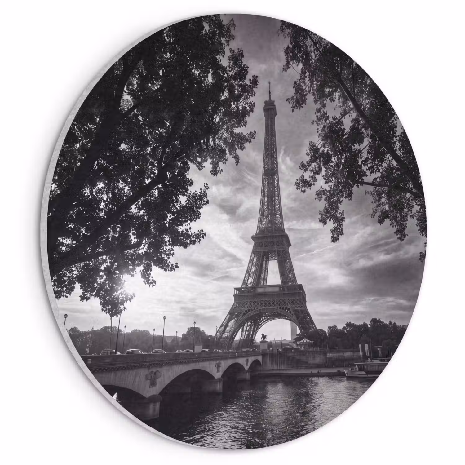 Eiffeltoren - Parijs - Rivier - Architectuur - Zwart-wit Akoestische PET Vilt - Rond klein -3d