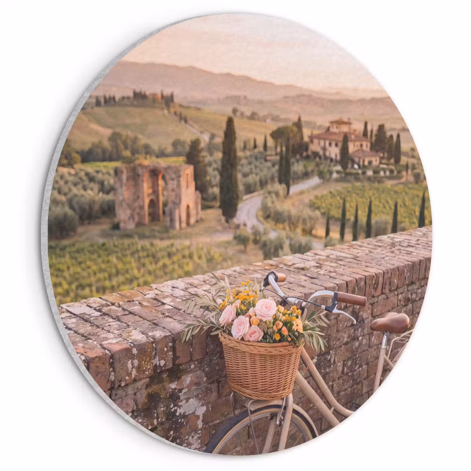 Fiets - Bloemen - Toscane - Landschap - Roze Akoestische PET Vilt - Rond klein -3d