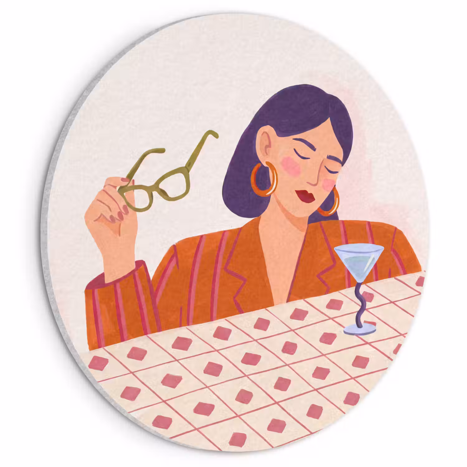 Vrouw - Bril - Cocktail - Illustratie - Modern Akoestische PET Vilt - Rond klein -3d