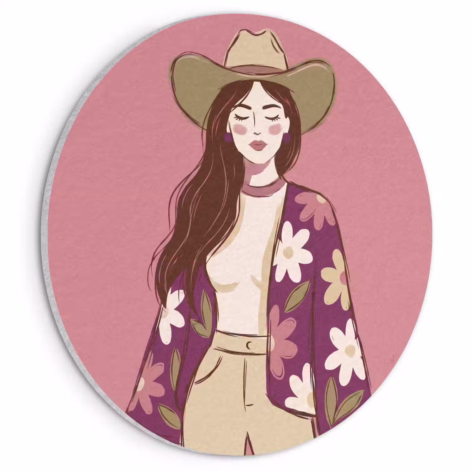 Vrouw - Hoed - Portret - Illustratie - Roze Akoestische PET Vilt - Rond klein -3d