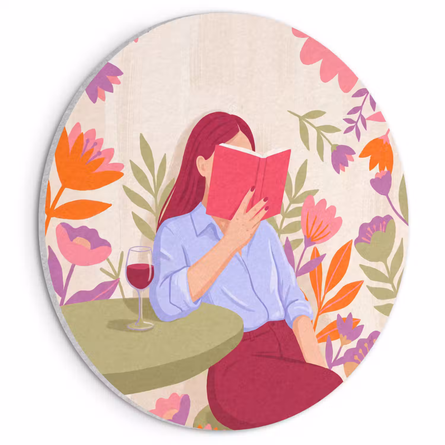 Vrouw - Lezen - Thuis - Modern - Bloemen Akoestische PET Vilt - Rond klein -3d