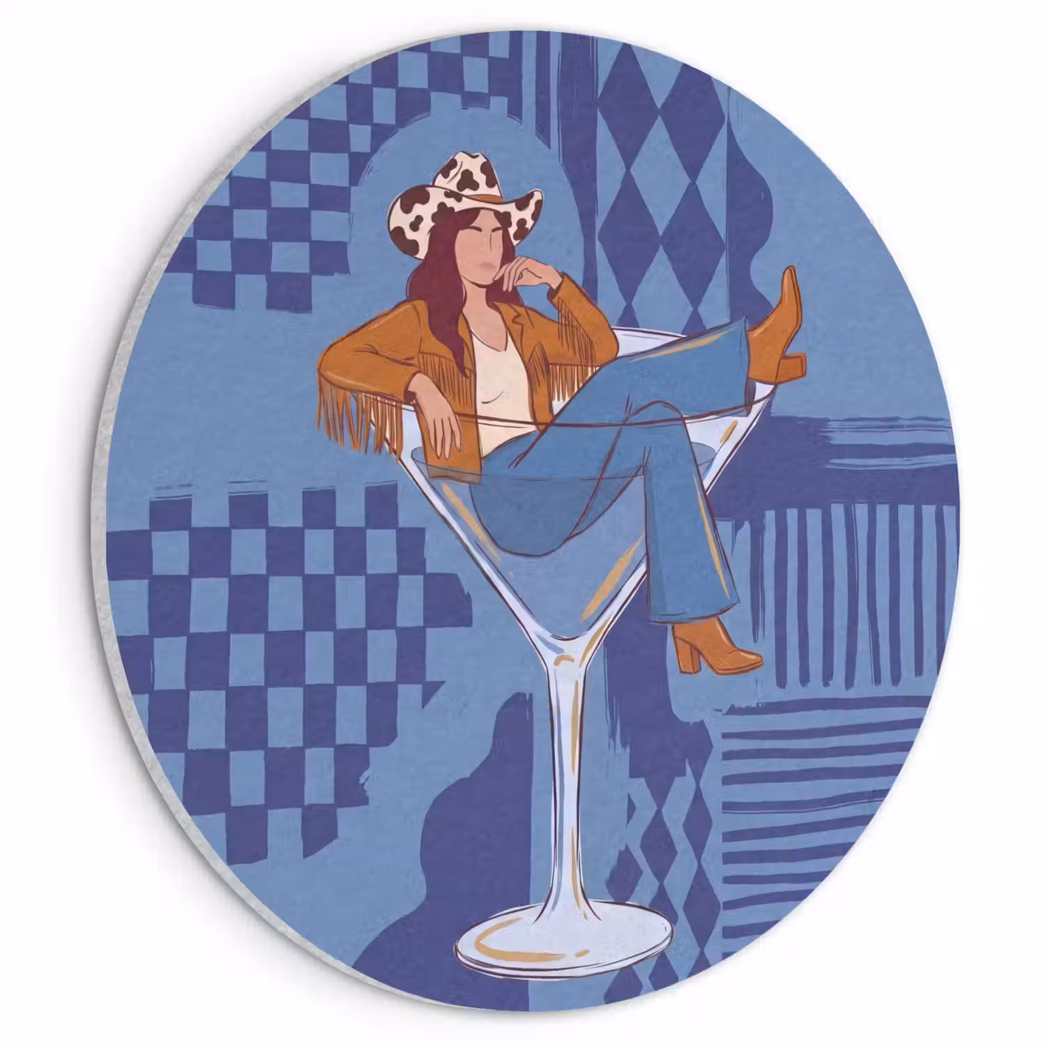 Vrouw - Martini glas - Abstract - Blauw - Kunst Akoestische PET Vilt - Rond klein -3d