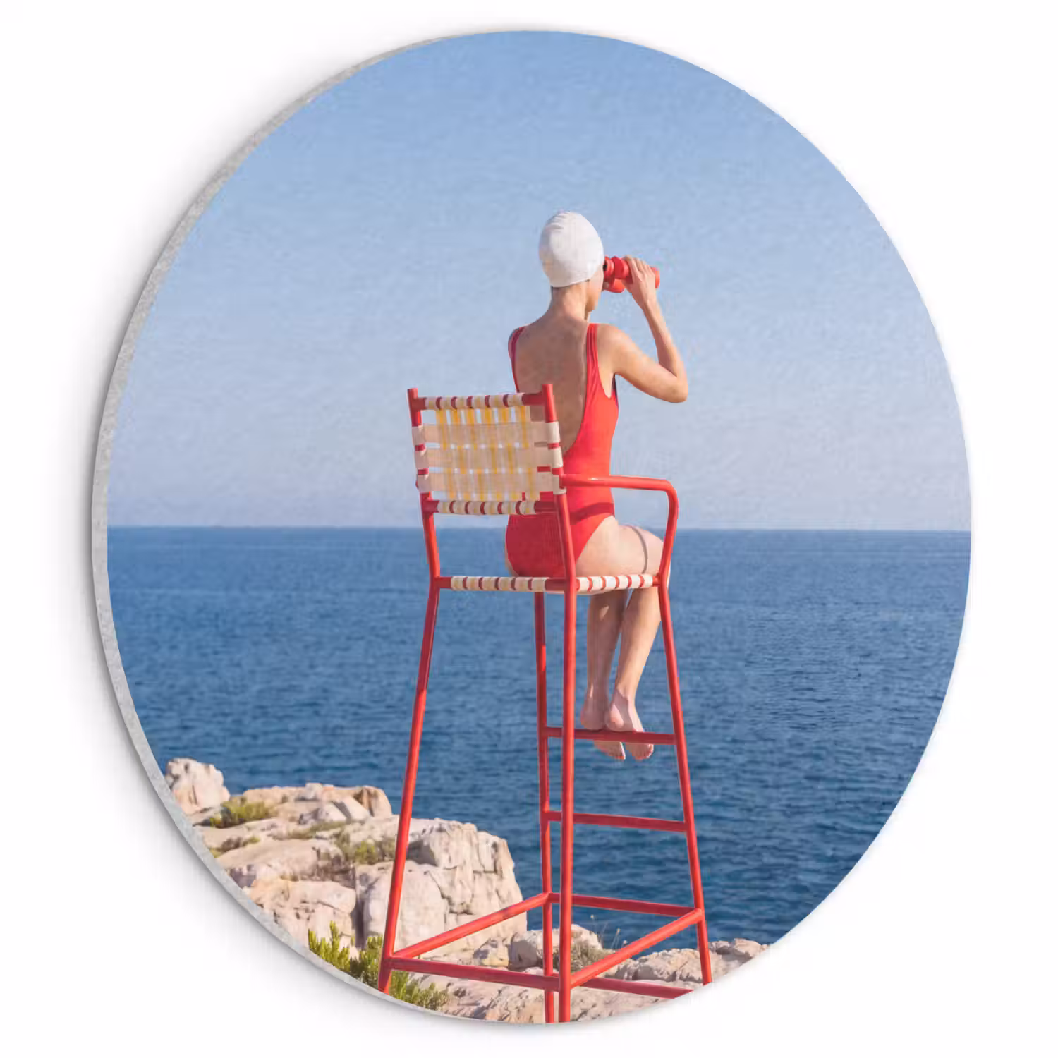 Vrouw - Zee - Kust - Verrekijker - Rood Akoestische PET Vilt - Rond klein -3d