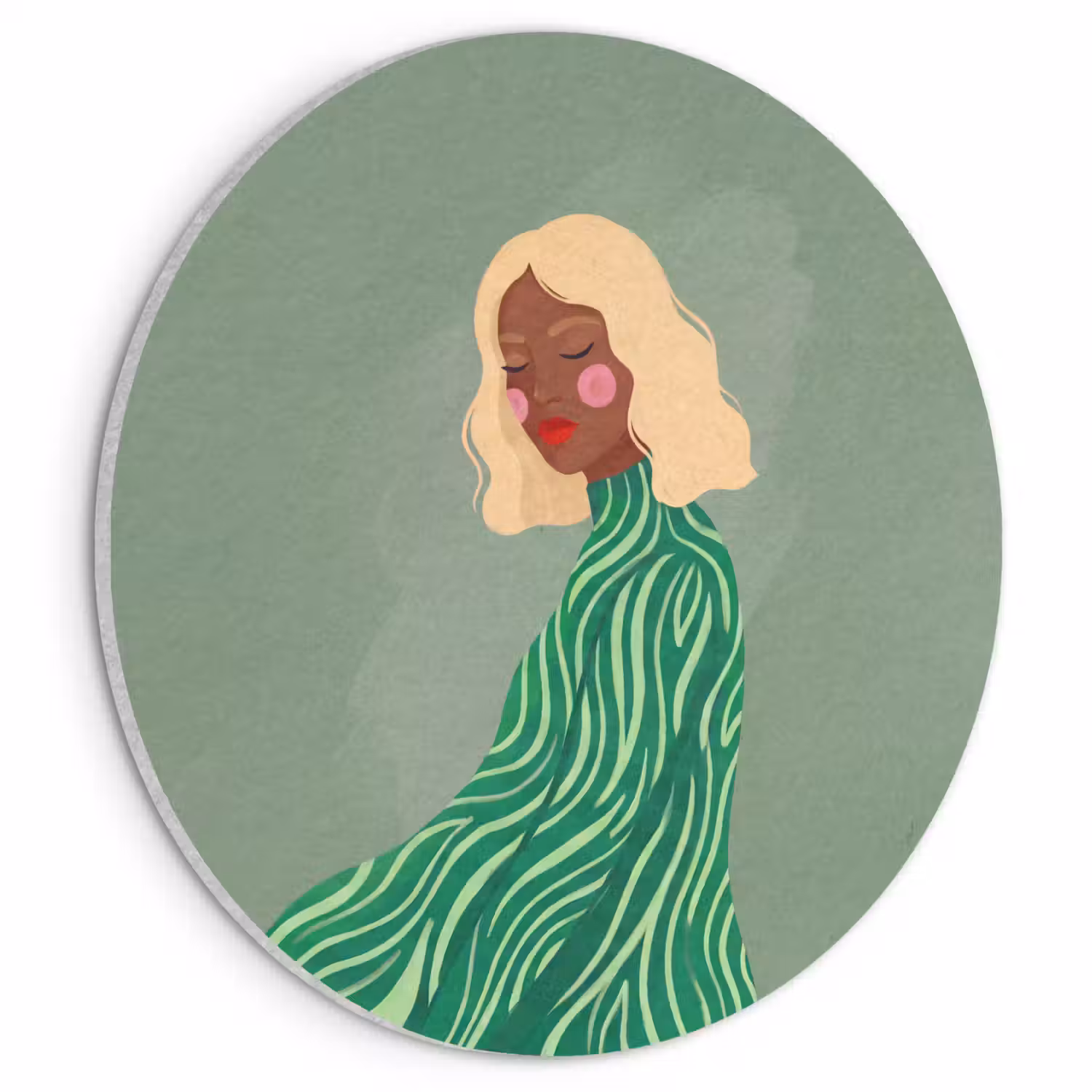 Vrouw - Portret - Illustratie - Modern - Groen Akoestische PET Vilt - Rond klein -3d
