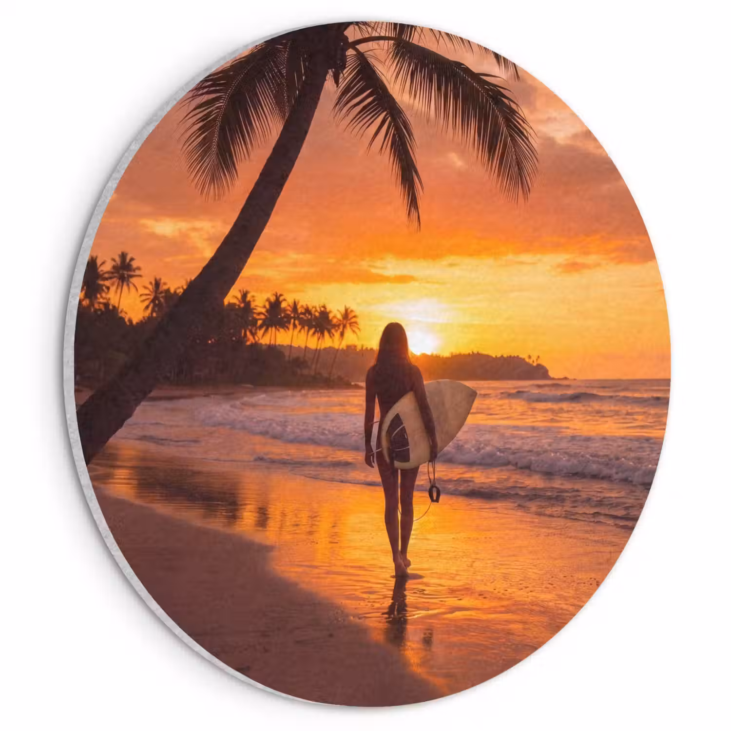 Vrouw - Surfplank - Strand - Zonsondergang - Oranje Akoestische PET Vilt - Rond klein -3d