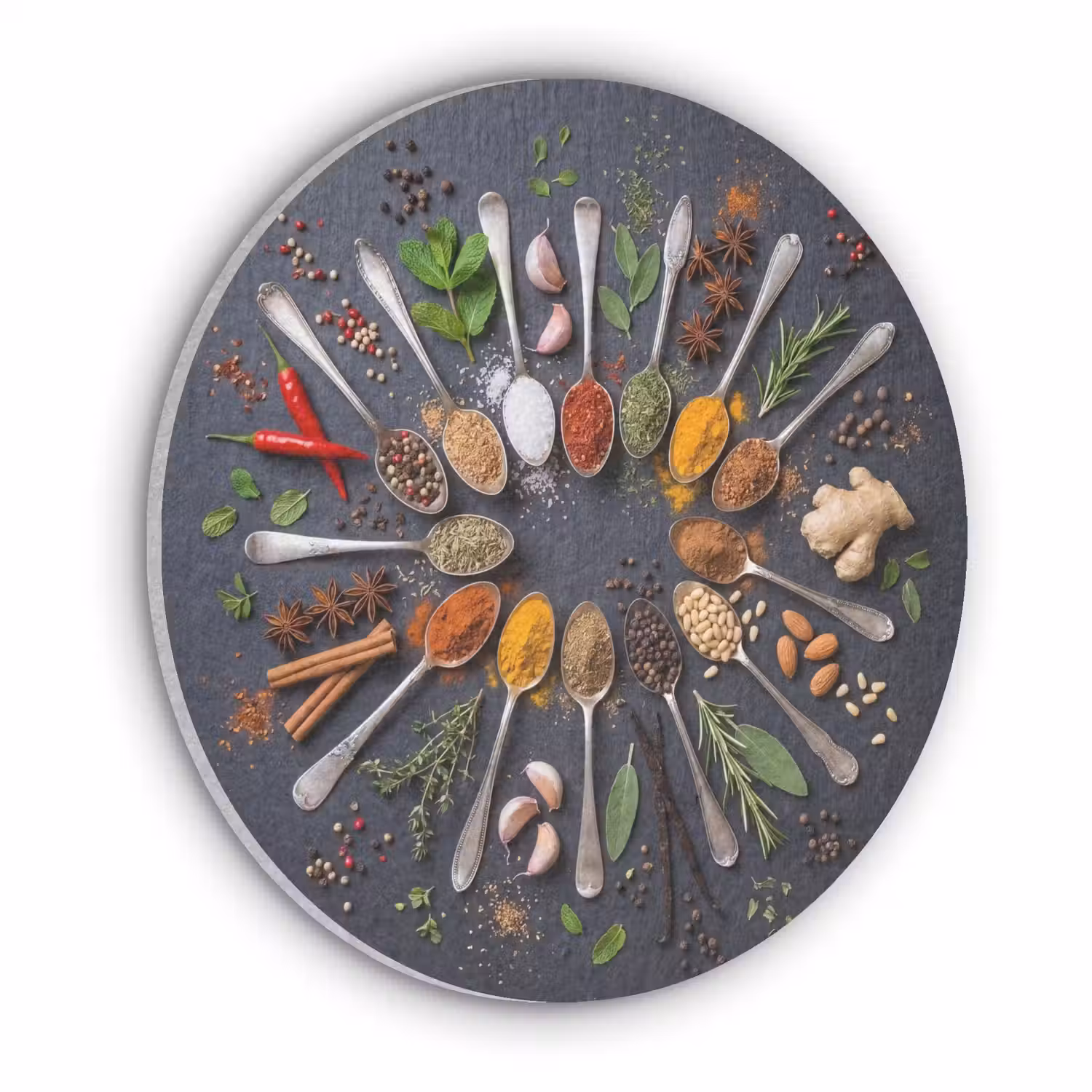 Kruiden - Lepels - Culinair - Kleurrijk - Sfeervol Akoestische PET Vilt - Rond klein -3d