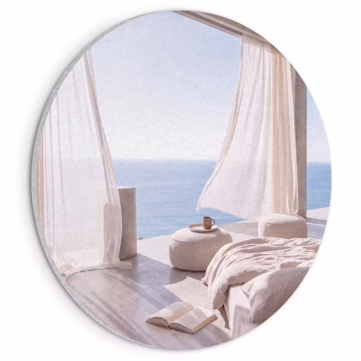 Interieur - Zeezicht - Modern - Rust - Beige Akoestische PET Vilt - Rond klein -3d