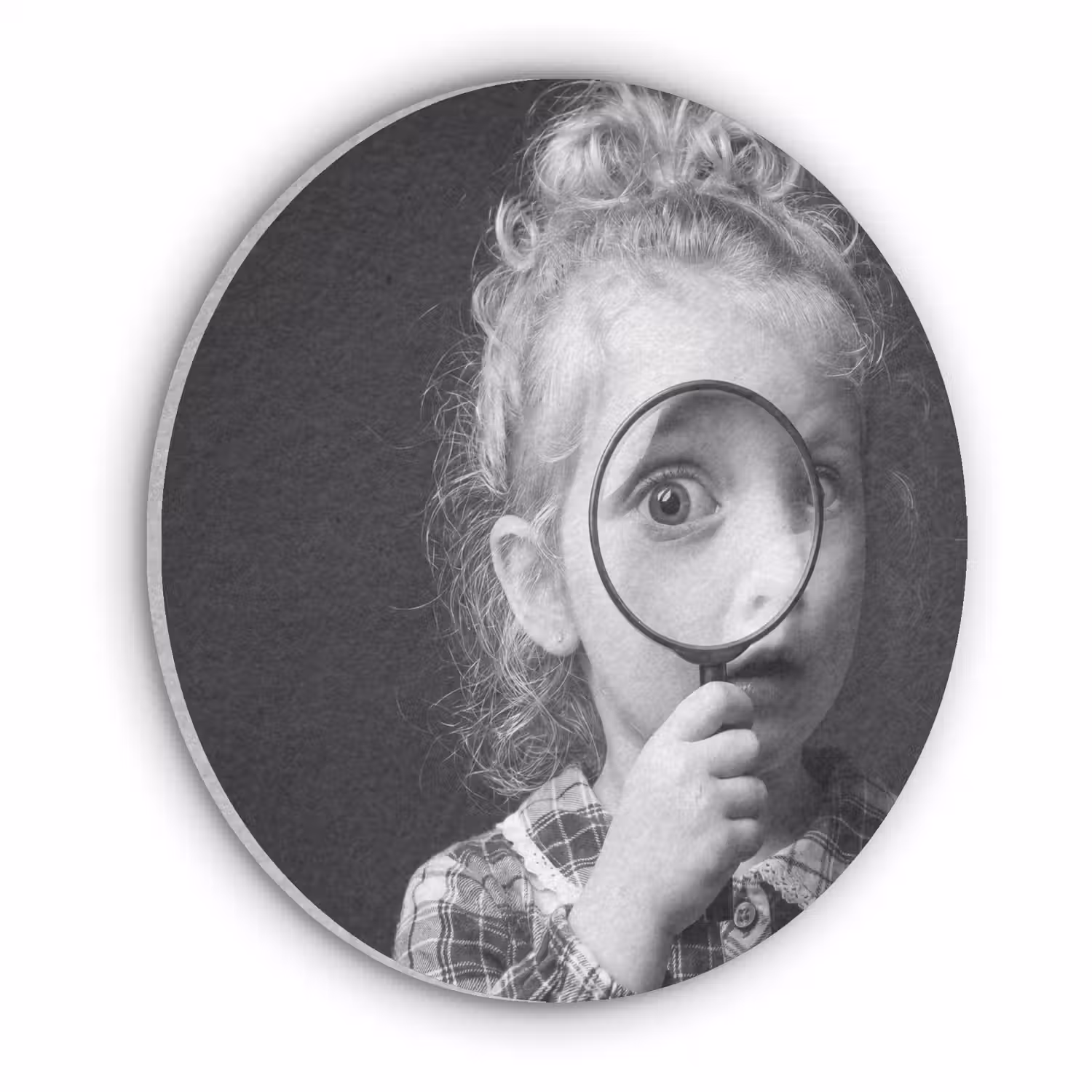 Kind - Vergrootglas - Portret - Zwart-wit Akoestische PET Vilt - Rond klein -3d