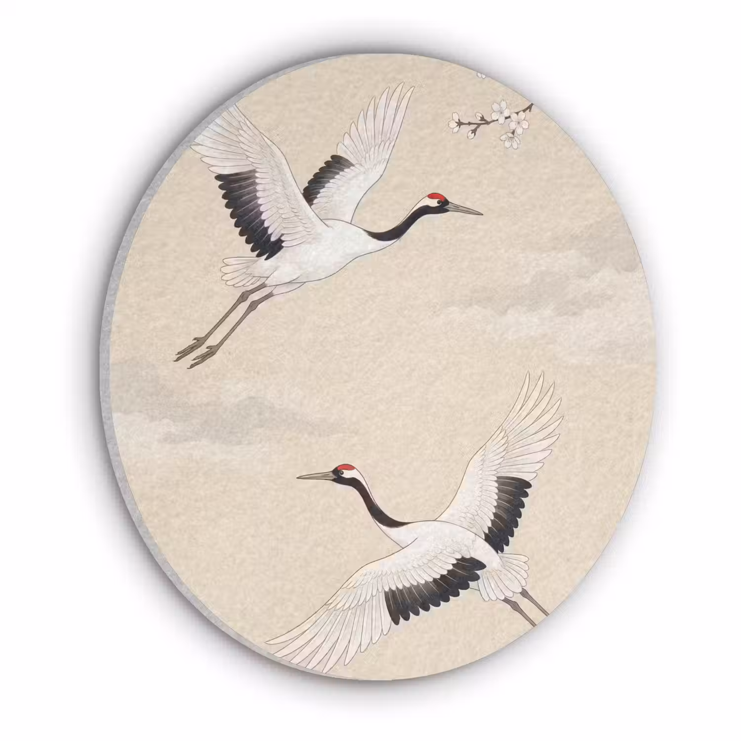 Kraanvogels - Bloesem - Beige Akoestische PET Vilt - Rond klein -3d