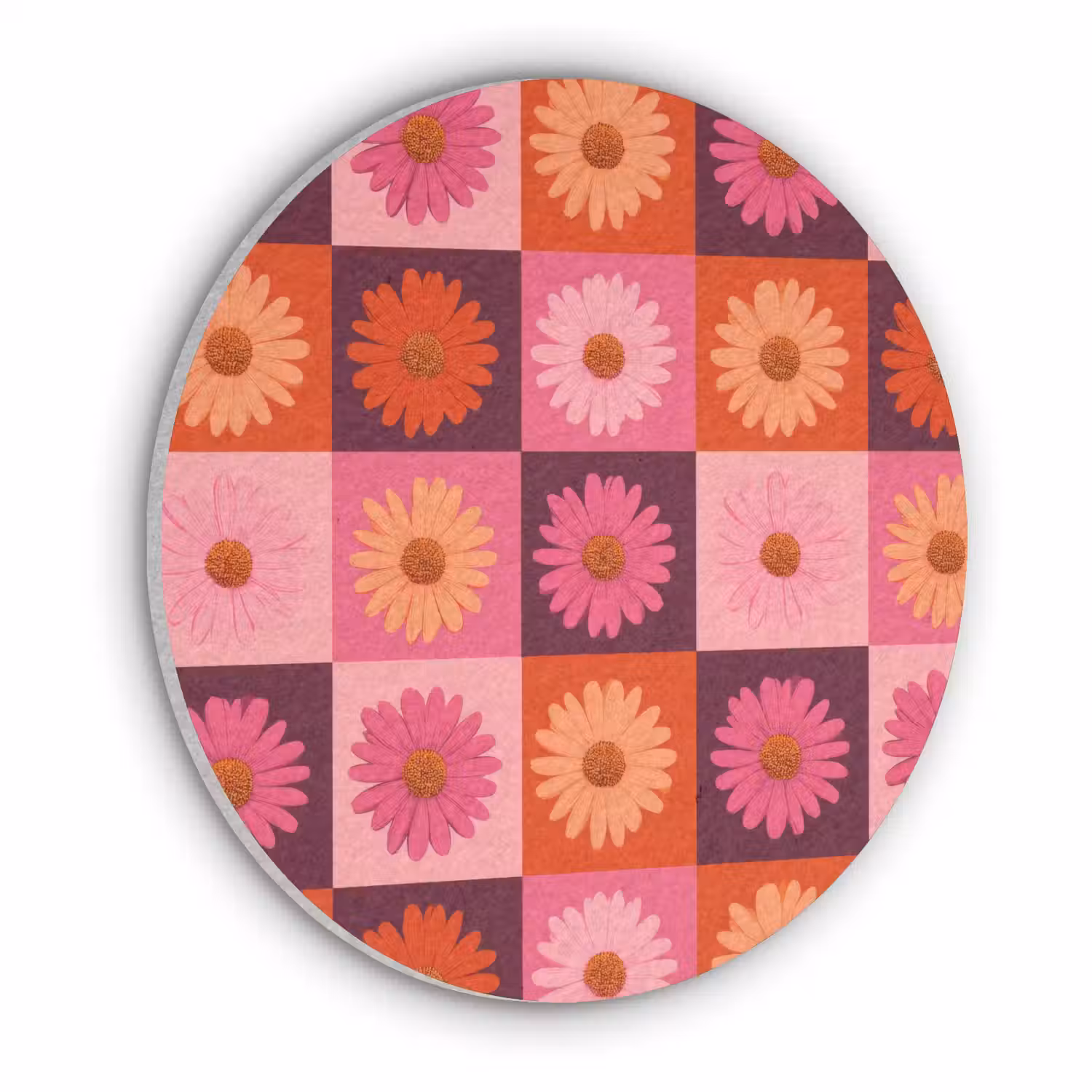 Madeliefjes - Dambord - Retro - Roze - Oranje Akoestische PET Vilt - Rond klein 838 -3d