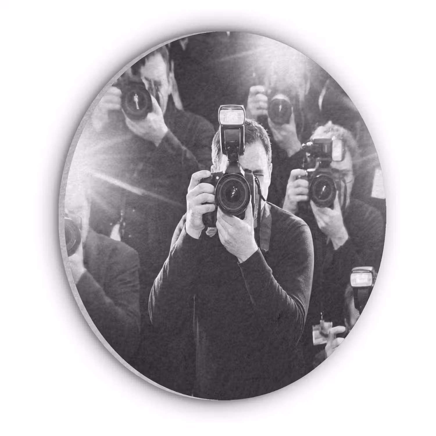 Mensen - Camera - Flitslicht - Zwart-wit - Media Akoestische PET Vilt - Rond klein -3d