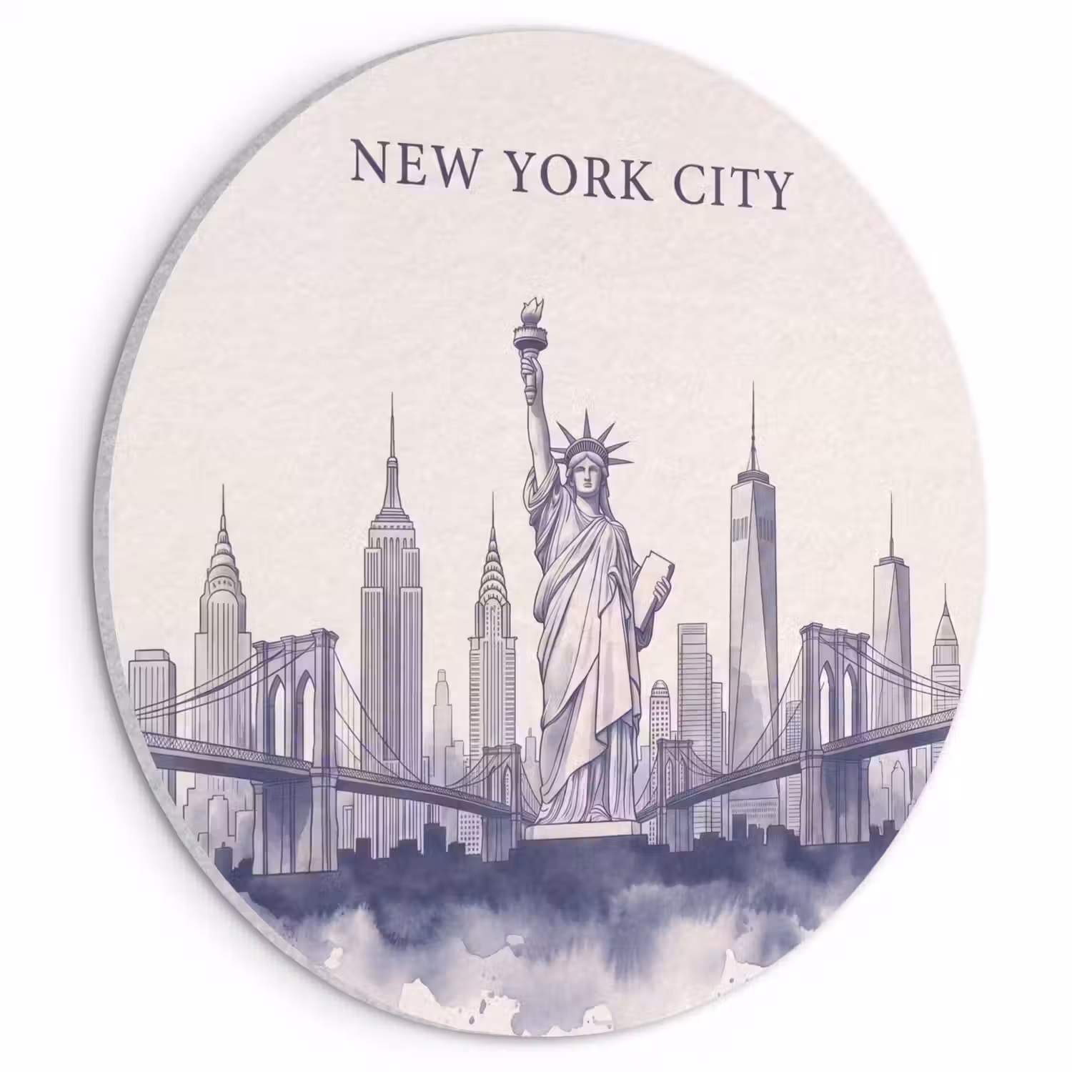New York - Vrijheidsbeeld - Skyline - Illustratie - Blauw Akoestische PET Vilt - Rond klein -3d