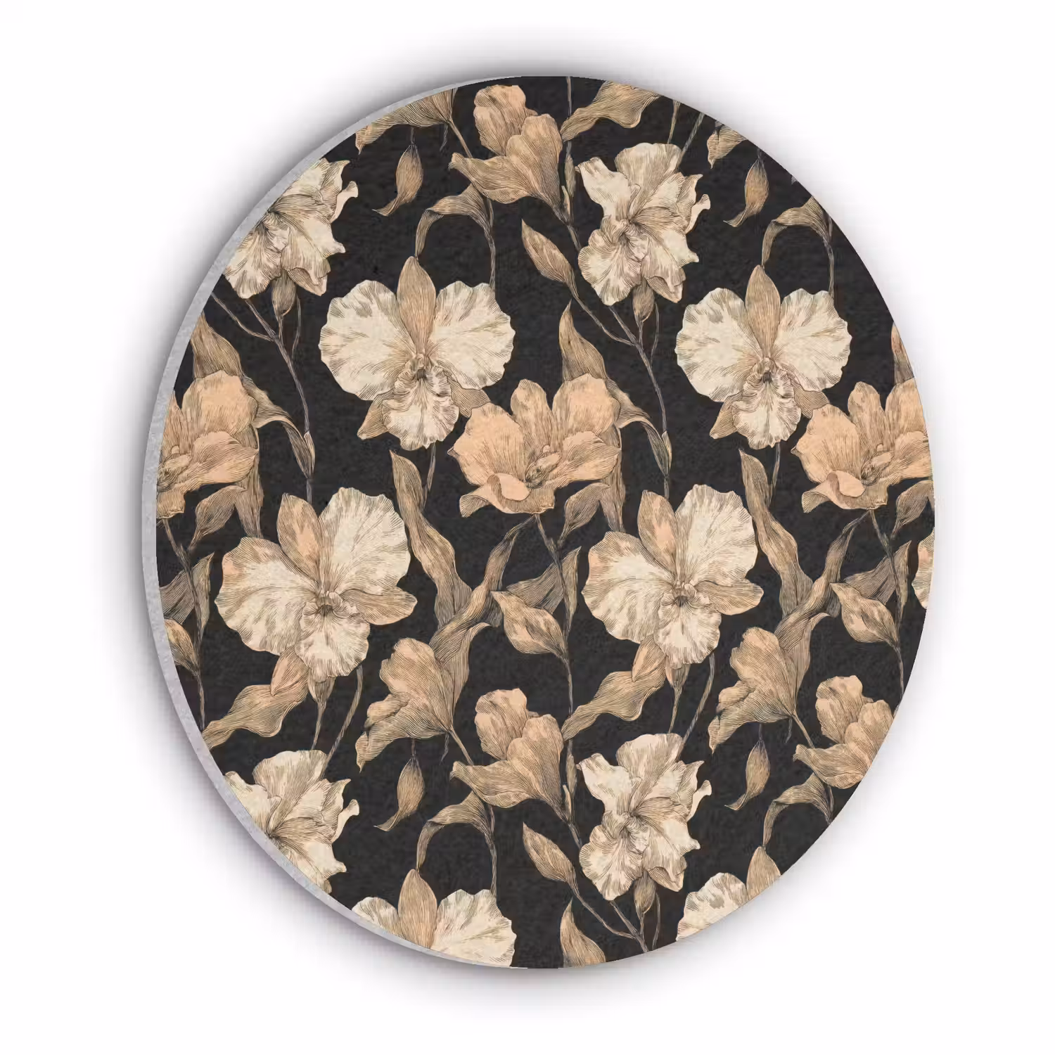 Orchideeën - Lijntekening - Patroon - Beige - Zwart Akoestische PET Vilt - Rond klein 838 -3d