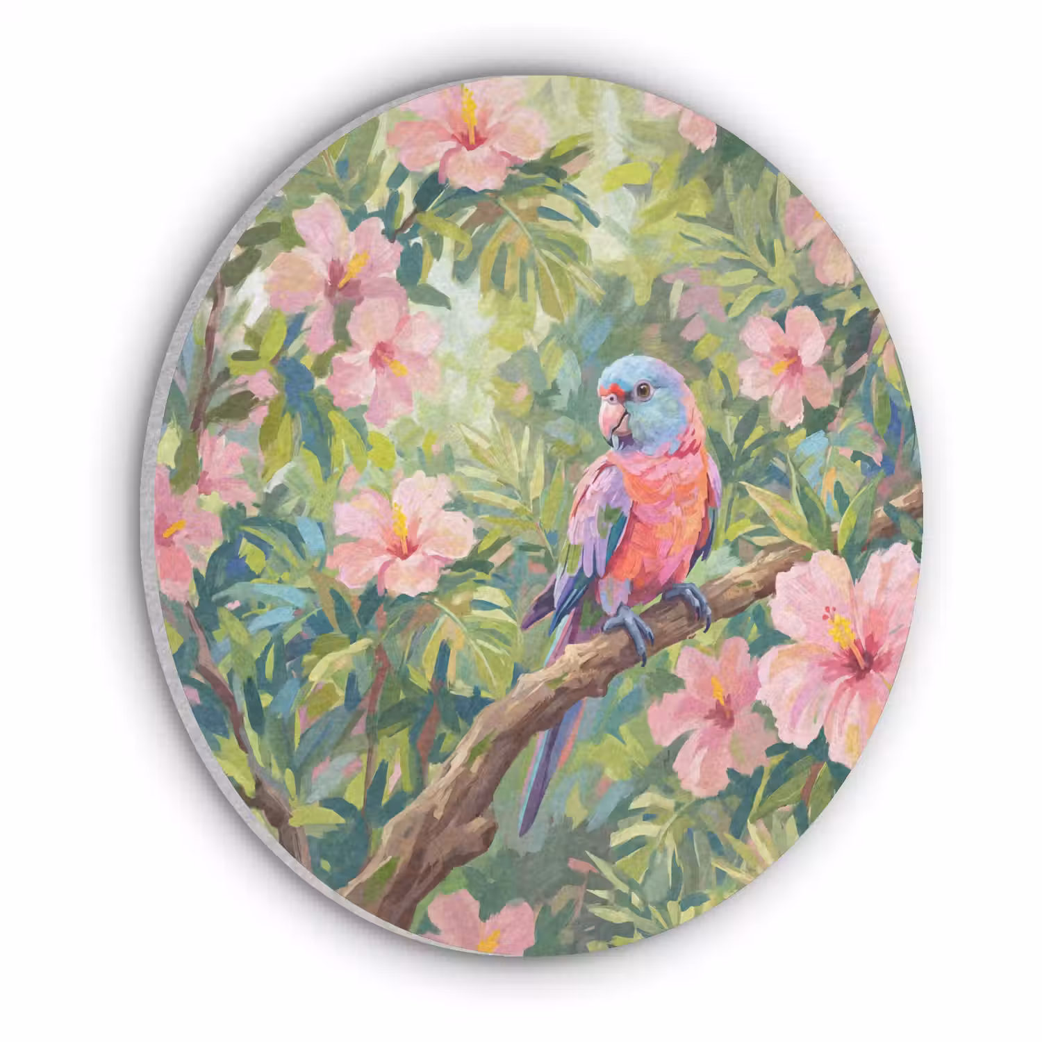 Papagaai - Hibiscusbloemen - Kleurrijk Akoestische PET Vilt - Rond klein -3d
